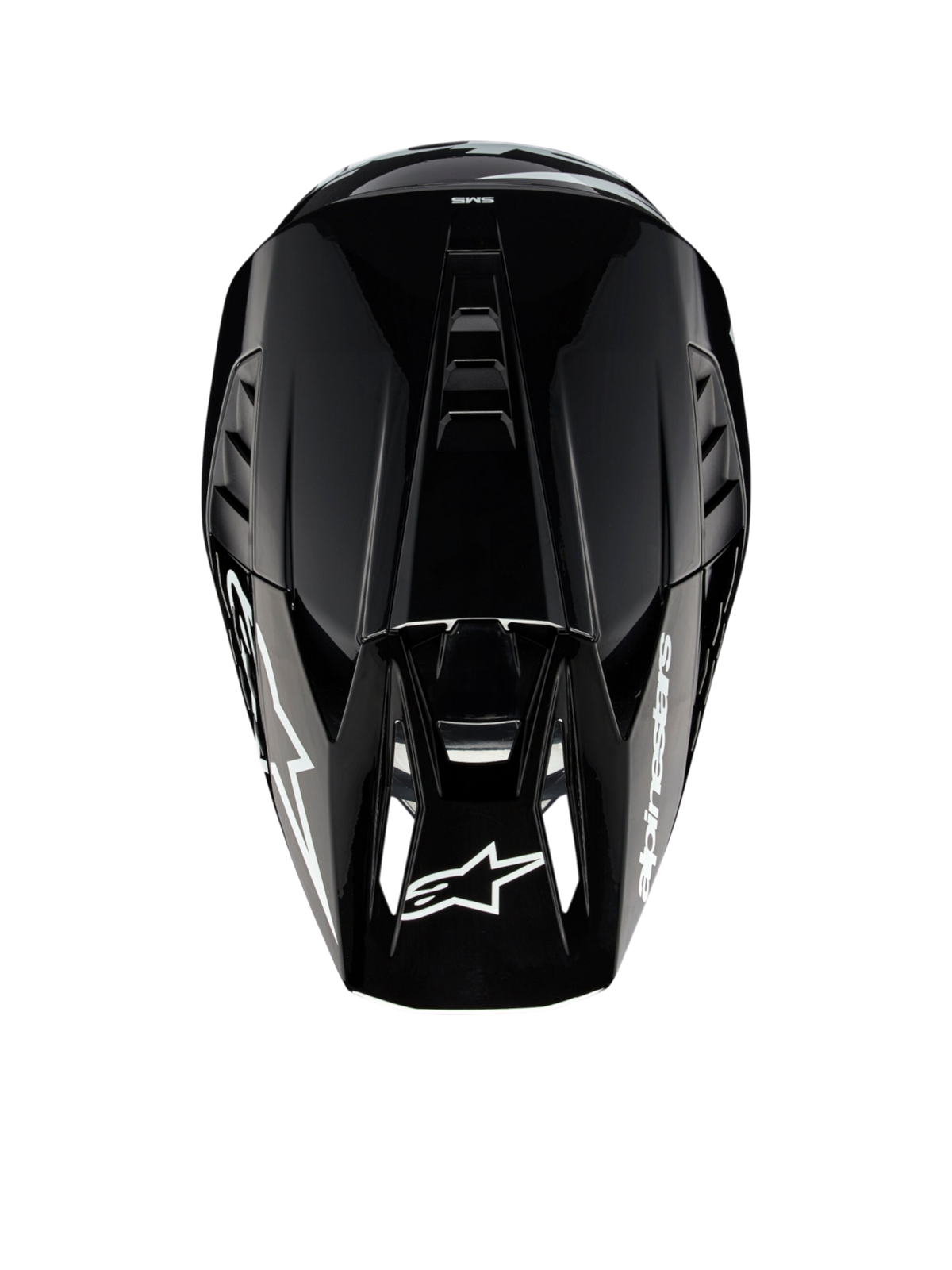 Alpinestars S-M5 Corp motocrosshjelm, mørk grå blank, ECE 22.06-certificeret, set fra oven med fokus på ventilation.