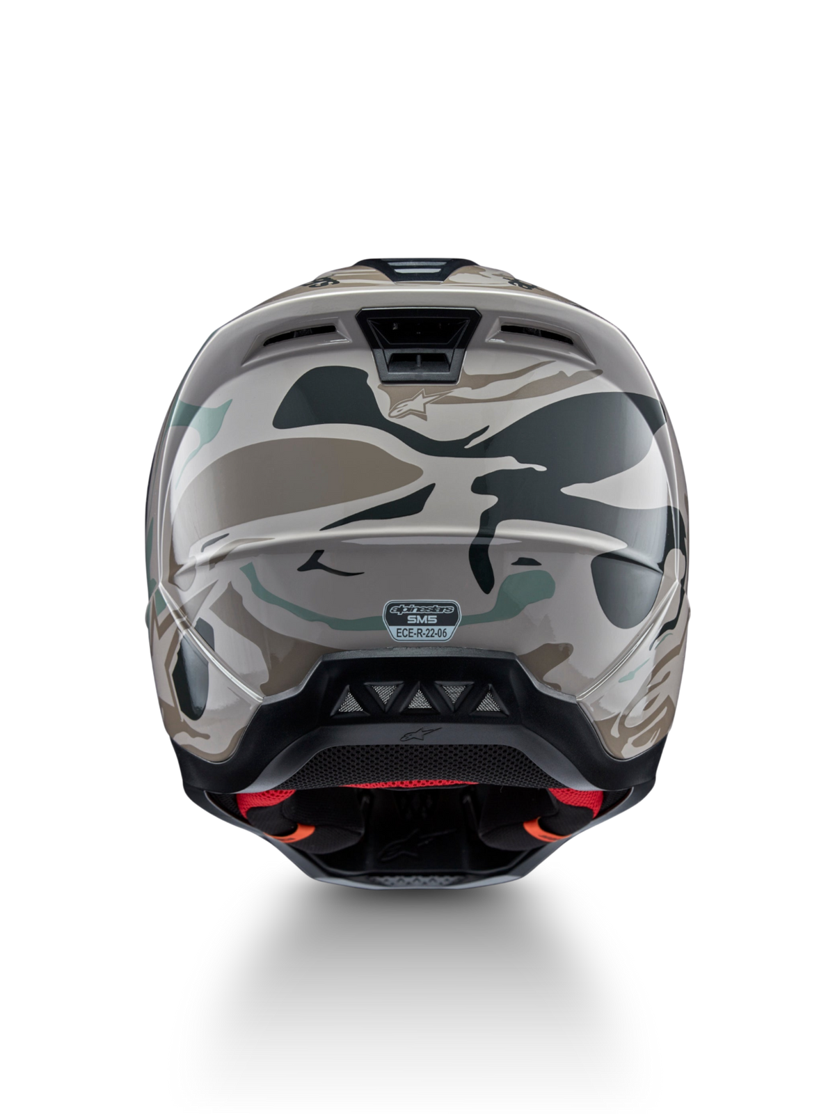 Alpinestars S-M5 Mineral motocrosshjelm, varm grå og Celadon grøn camo, set bagfra, ECE 22.06-certificeret til off-road.