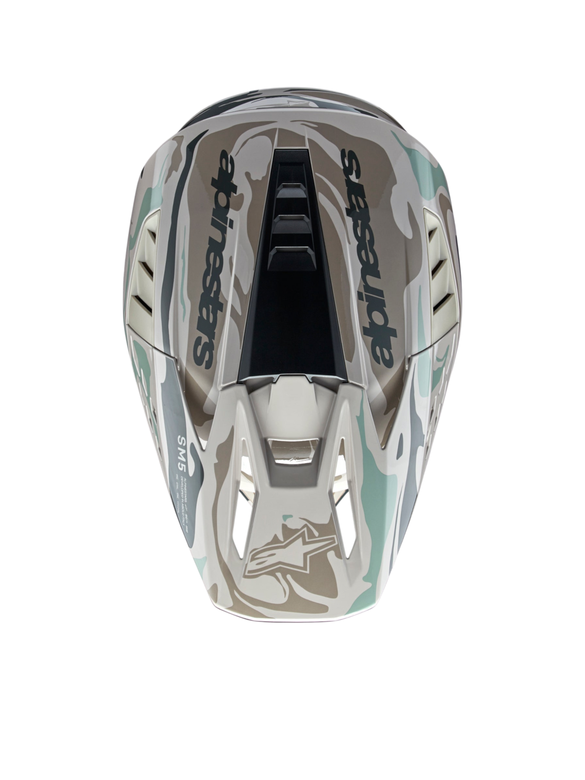 Alpinestars S-M5 Mineral motocrosshjelm i varm grå og celadon grøn med blankt camouflagemønster, set oppefra.