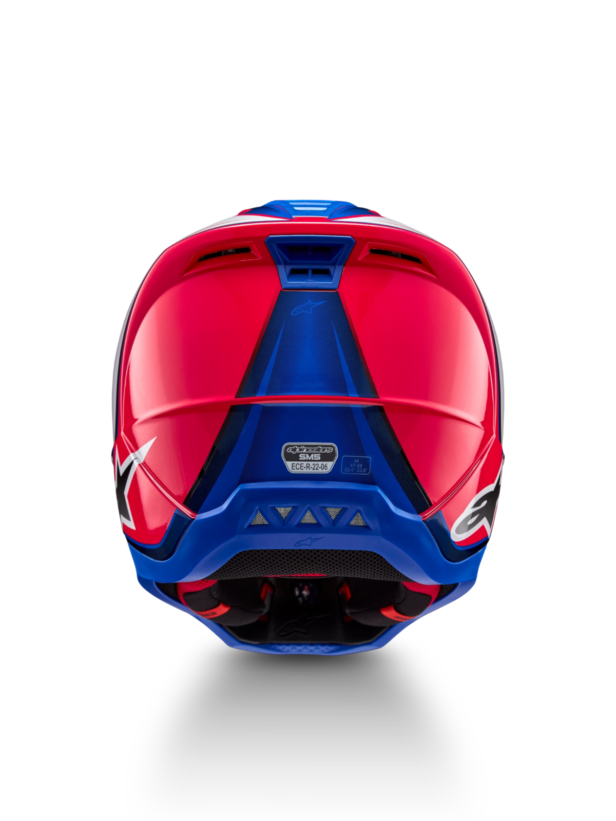 Alpinestars S-M5 Sail hjelm, motocrossracing, diva pink og emaljeblå, ECE 22.06-certificeret, set bagfra med ventilation.