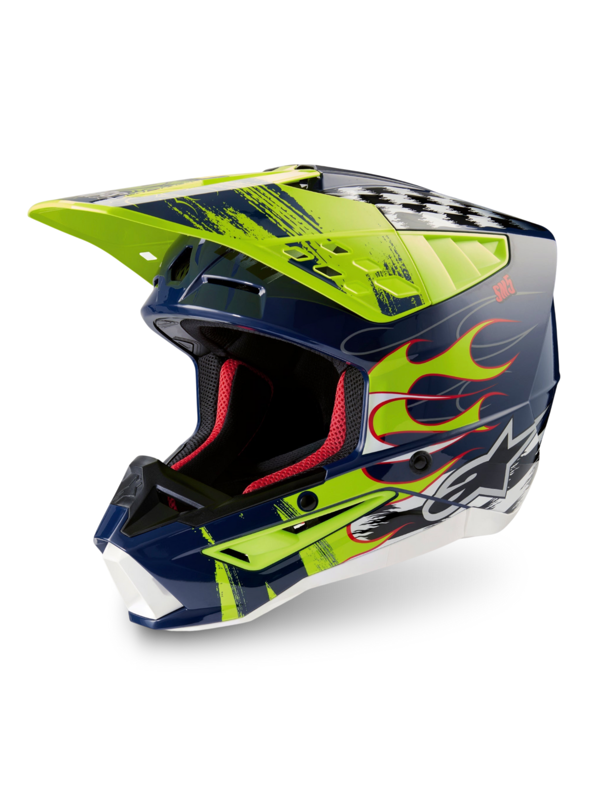 Alpinestars S-M5 Rash Helmet ECE 22.06, Night Navy and Yellow Fluo glossy motocross helmet with advanced protection.