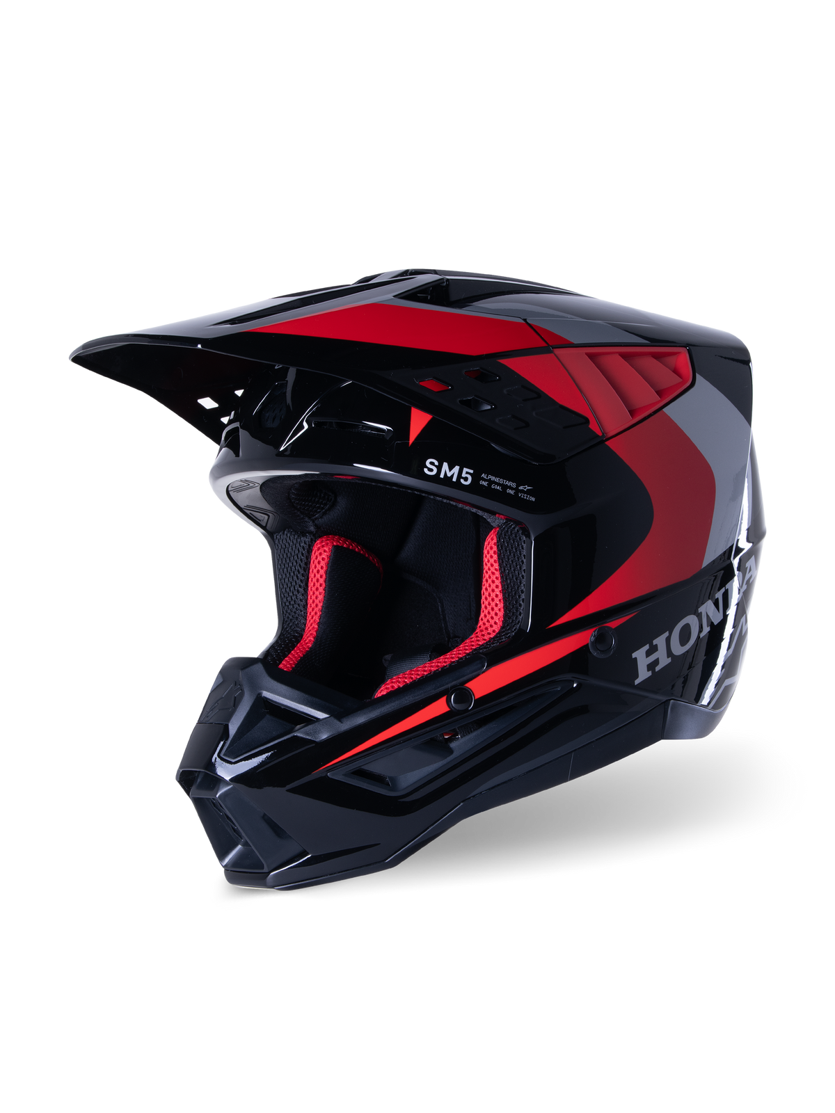 Alpinestars Honda S-M5 hjelm, motocross-hjelm, blank sort og rød, med sølvfarvet Honda-grafik og SM5-logo, aerodynamisk profil med store luftindtag og en justerbar skygge, designet til off-road racing