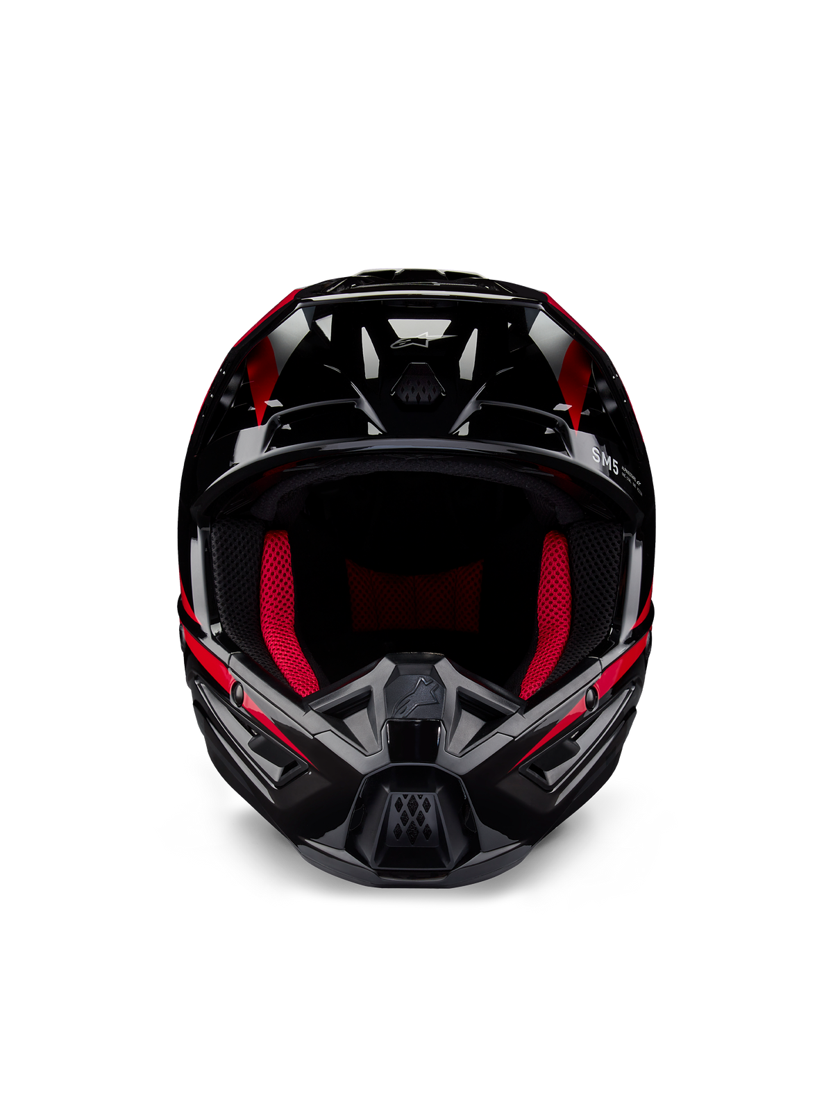 Alpinestars Honda S-M5 hjelm ECE, motocross-hjelm, blank sort og rød, set forfra med en blank sort finish og rød grafik, rød indvendig polstring, kantet design med flere luftindtag, højtydende beskyttelse til motocross