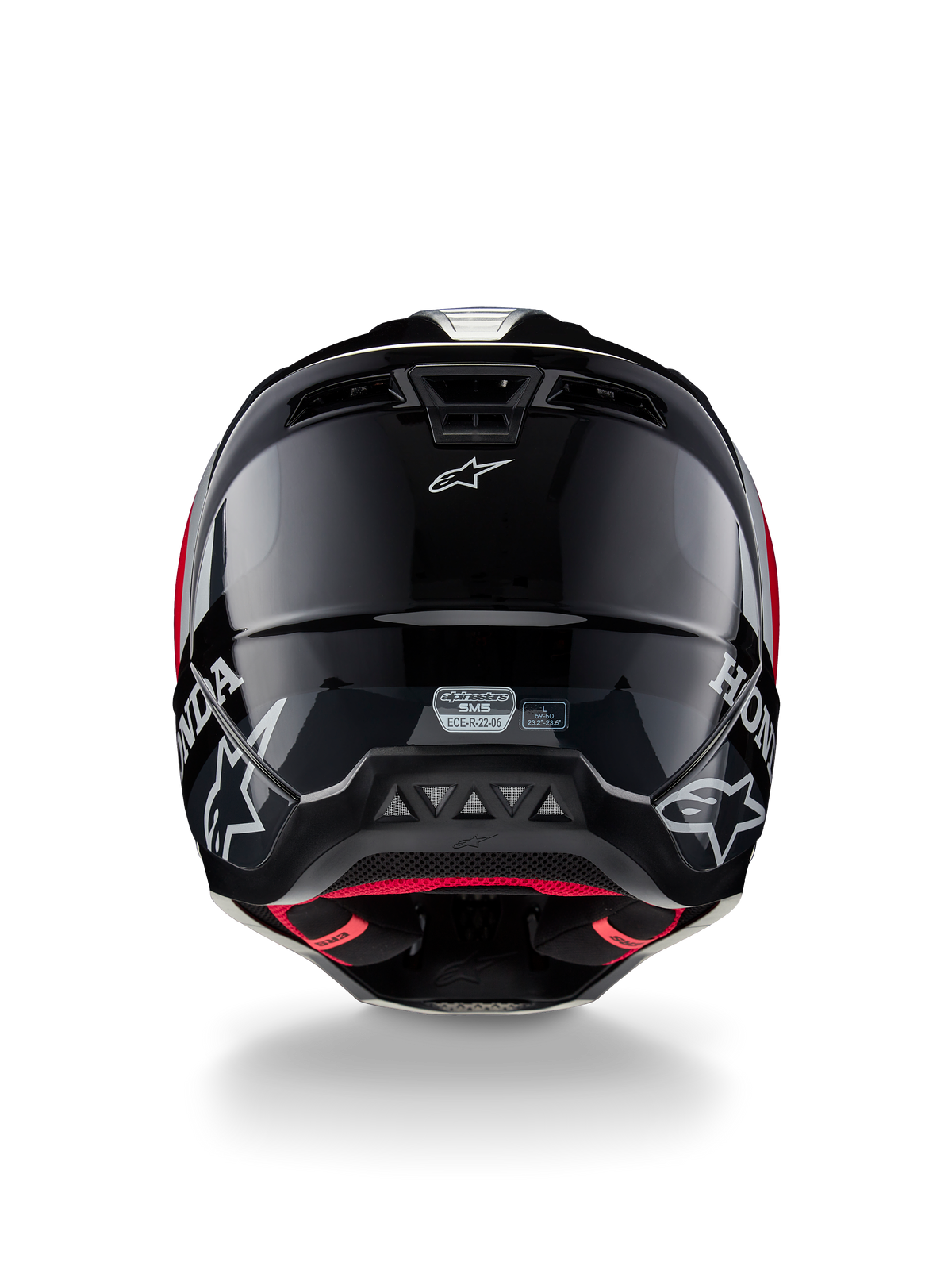 Alpinestars Honda S-M5 ECE hjelm, motocross-hjelm, sort og rød blank, set bagfra med blank sort skal, hvide Honda- og Alpinestars-logoer, rødt indvendigt for og ECE-sikkerhedscertificeringsmærke