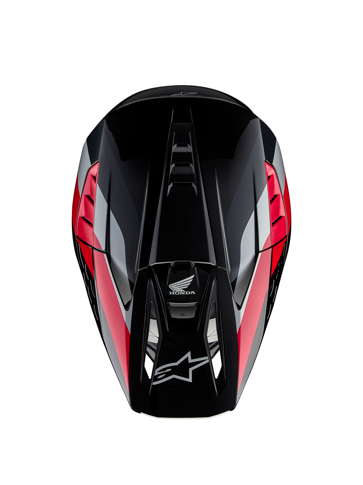 Honda S-M5 hjelm ECE, motocross-hjelm, blank sort og rød med røde og sølvfarvede grafikstriber, set oppefra, viser aerodynamisk skal og ventileret skygge, Alpinestars- og Honda-logoer, højtydende off-road udstyr