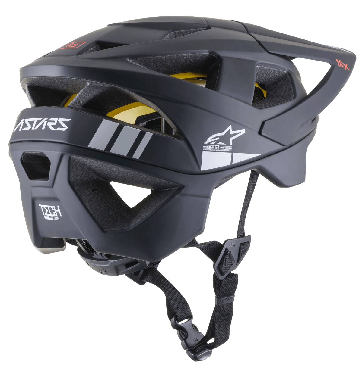 Alpinestars Vector Tech A1 MTB-hjelm, mountainbikehjelm, matsort med lysegrå detaljer, side-bagprofil med ventilationsåbninger, hvidt Alpinestars-stjernelogo, ASTARS-branding, synlig gul MIPS-foring, justerbar sort hagerem