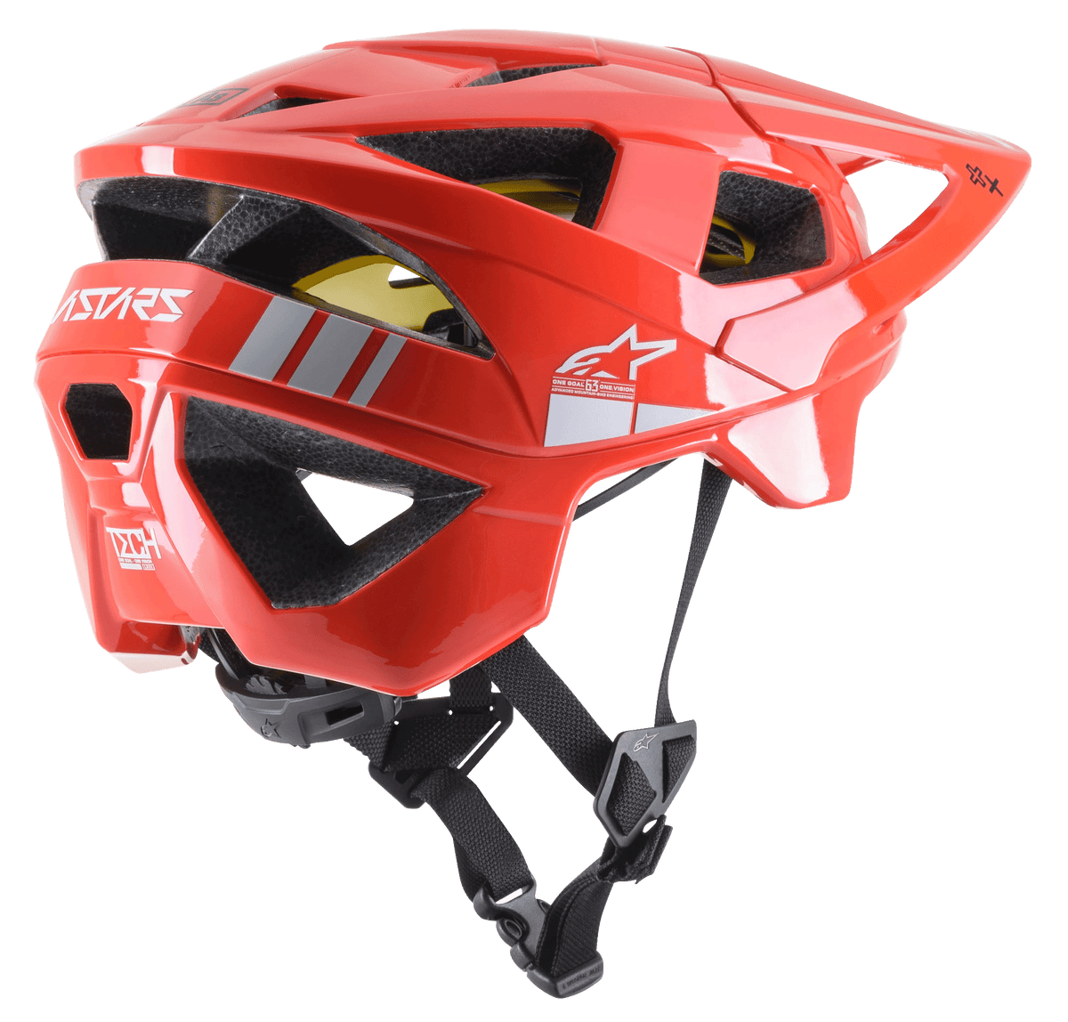 Alpinestars Vector Tech A2 MTB hjelm, mountainbikehjelm, blank klar rød og lysegrå, med 19 ventilationsåbninger, hvidt logo, gul MIPS-foring og justerbar sort hagerem, slidstærk og letvægt for off-road beskyttelse