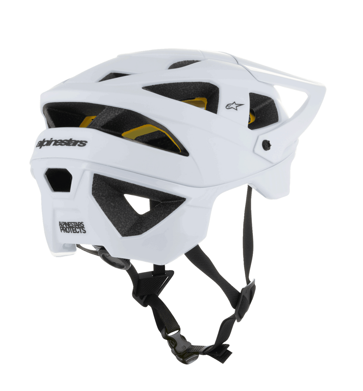 Alpinestars Vector Tech Solid Helmet, open-face MTB helmet, White Matt and Glossy finish, featuring large ventilation ports with yellow Mips liner visible, black Alpinestars branding on rear, and adjustable black chin strap, professional mountain bike protection