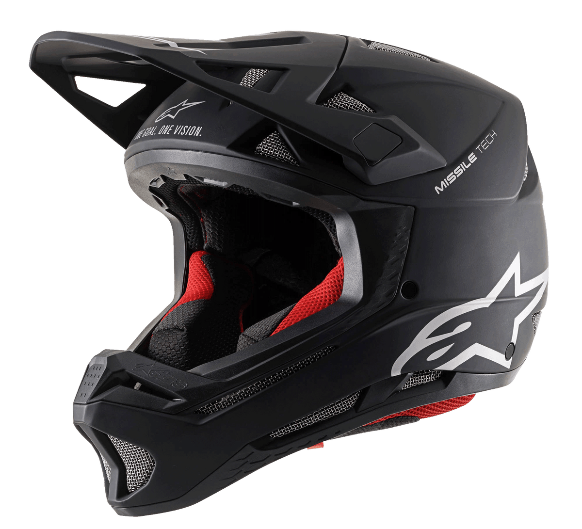Alpinestars Missile Tech Solid Hjelm, sort mat full-face downhill MTB-udstyr med rød polstring og mesh-ventilation.