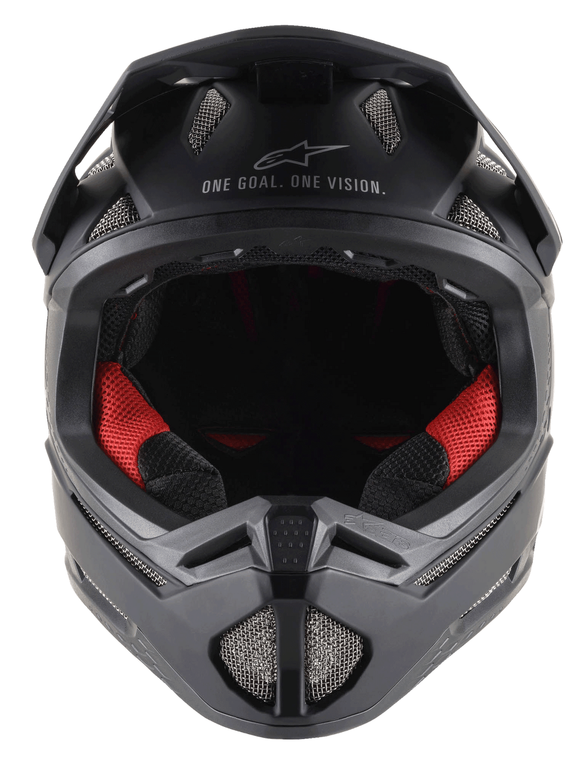 Missile Tech Solid Hjelm i sort mat, full-face MTB-hjelm med rød polstring og ventilationsåbninger i net.