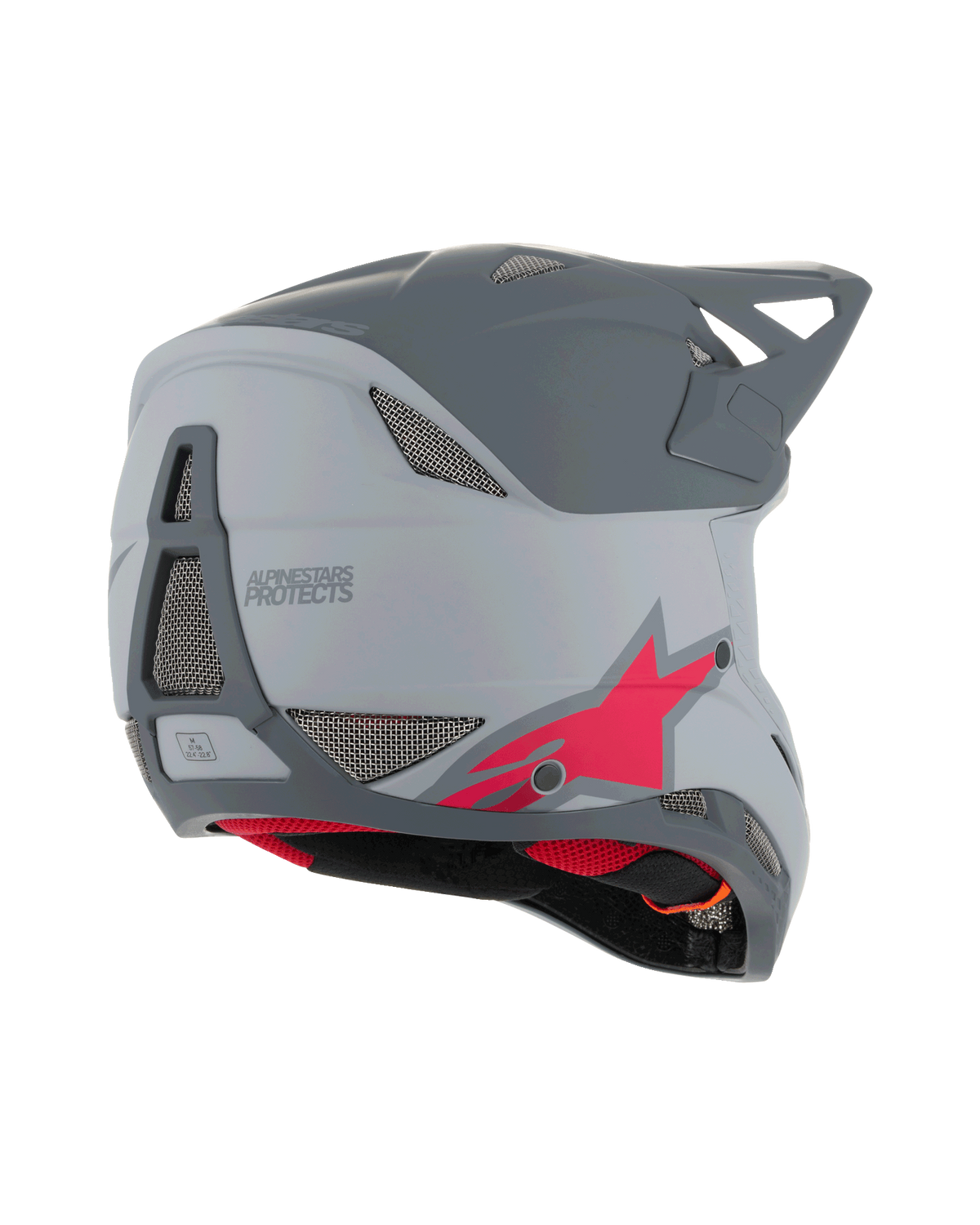 Alpinestars Missile Tech Racer hjelm, full-face MTB-hjelm, lysegrå og mørkegrå mat med rødt stjernelogo, bagfra-sidevisning med ventilationsnet og strømlinet profil, beskyttelse til downhill-cykling