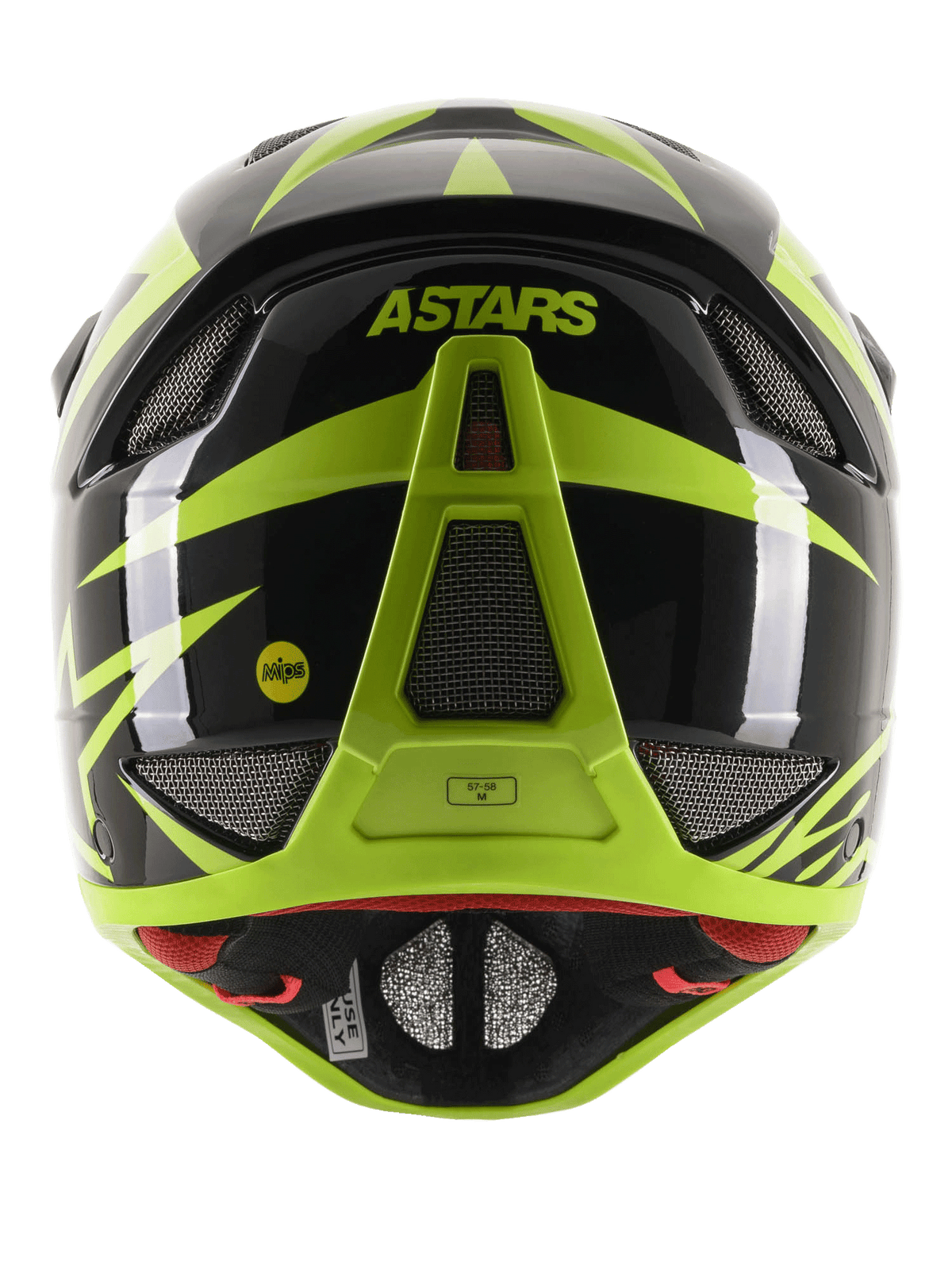 Alpinestars Missile Tech-Air Full Face Helmet, Rear View, Black and Yellow Fluo Glossy, featuring ASTARS branding and MIPS logo, aerodynamic design with multiple mesh-covered ventilation ports