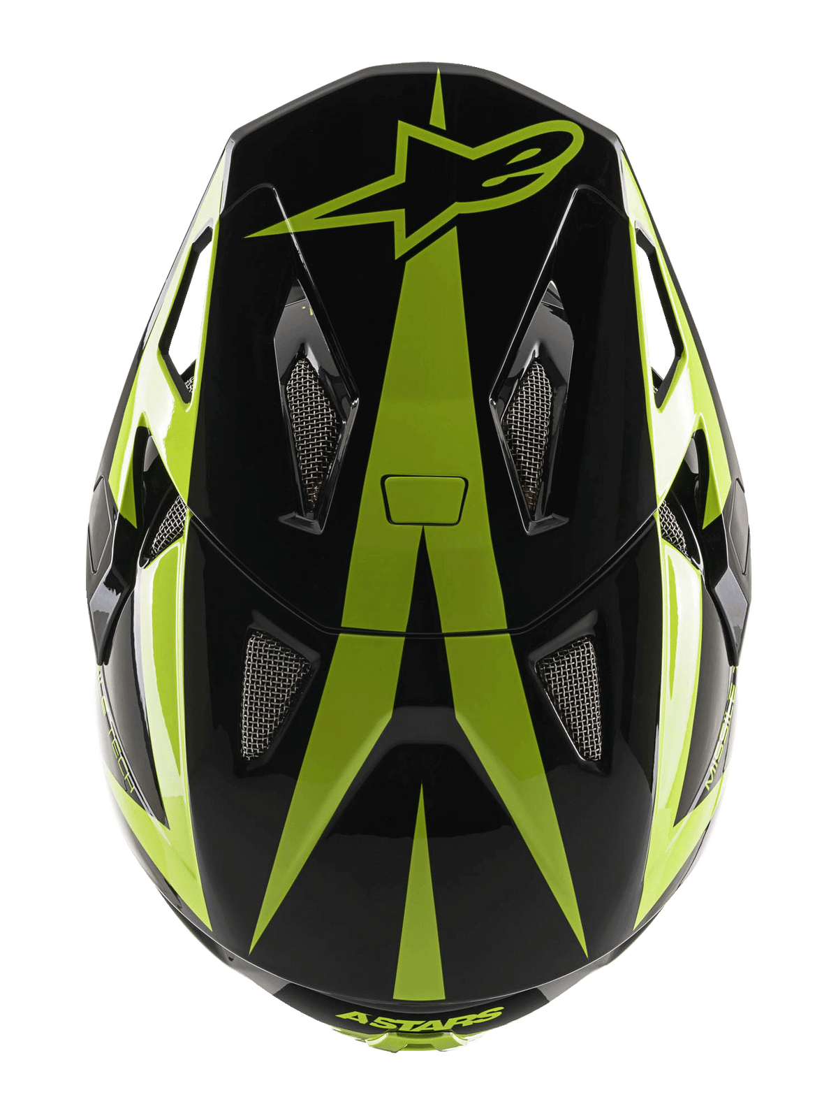 Alpinestars Missile Tech-Air Full Face Helmet, MTB Helmet, Black and Yellow Fluo Glossy, top-down view showing star logo and mesh ventilation vents