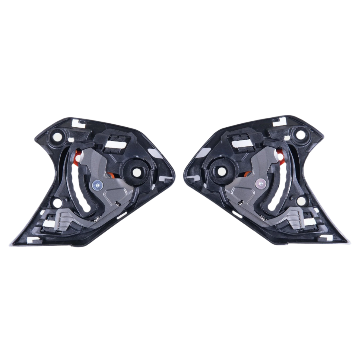 Alpinestars Supertech R10 visirmekanisme, et par sorte udskiftningsvisirmekanismer, venstre og højre komponent med mekaniske drejepunkter og monteringspunkter til S-R10 motorcykelhjelme