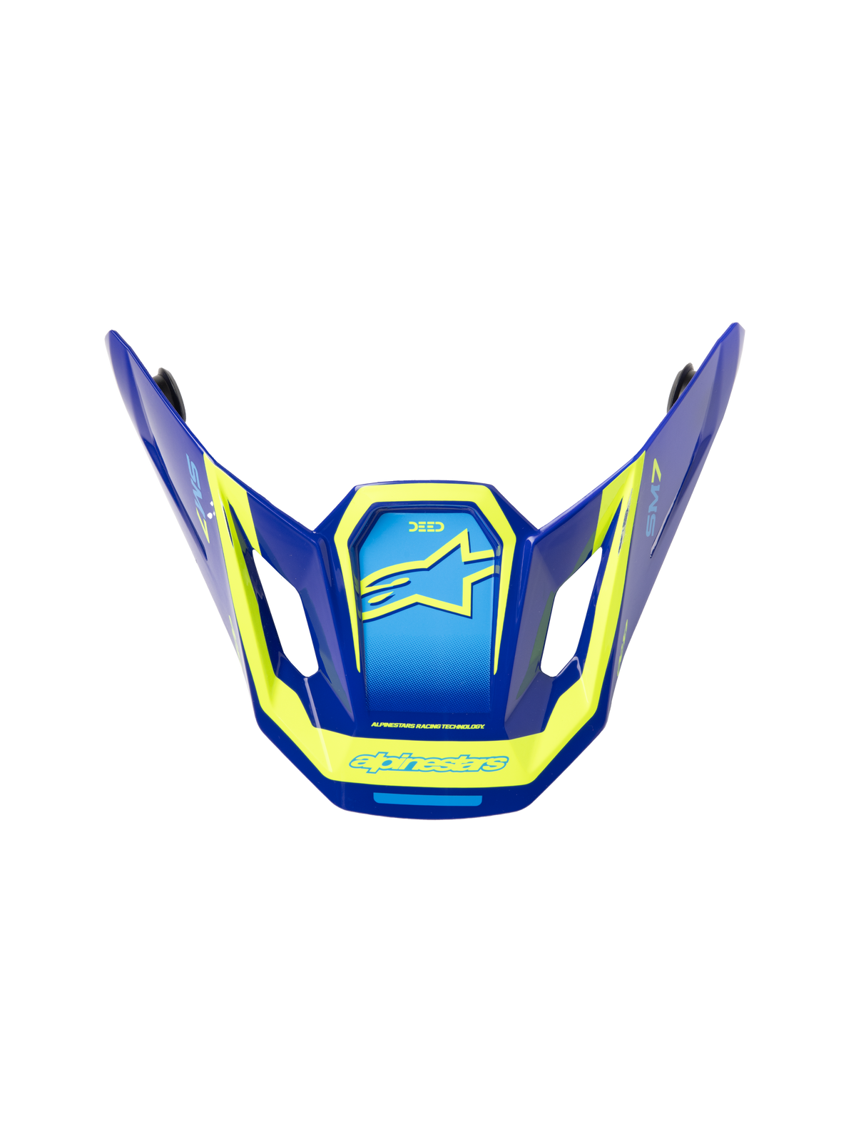 Alpinestars S-M7 Deed ECE06 visir, reservedelsskygge til motocrosshjelm, blå og gul fluo med blank finish, vinklet aerodynamisk design med sideventiler, fremtrædende gule Alpinestars-logoer og grafik