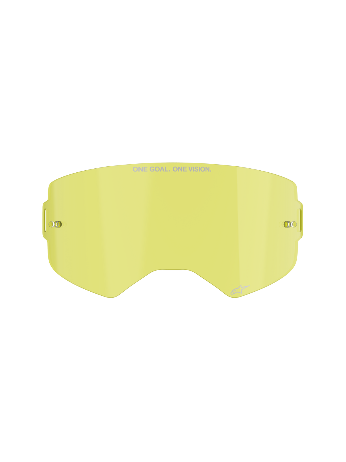 Alpinestars Supertech Clear Lens, udskiftningslinse til motocrossbriller, gul farvetone, med "ONE GOAL. ONE VISION." branding, integrerede tear-off-stifter, gennemsigtig slagfast polycarbonatkonstruktion.