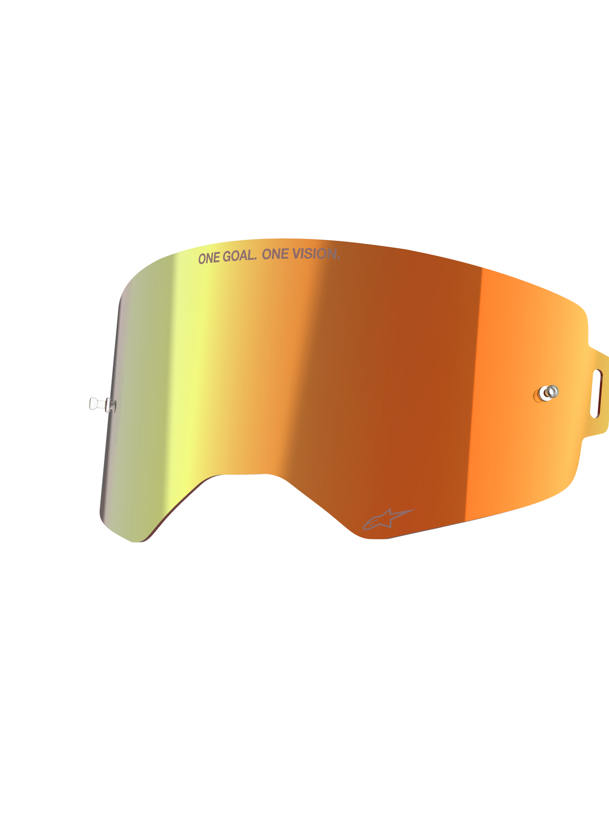 Alpinestars Supertech Mirror Linse, tilbehør til goggles, Mirror Red med orange og gul gradient, med 'ONE GOAL. ONE VISION.' tekst og Alpinestars logo, reflekterende finish med tear-off poster til motocross racing