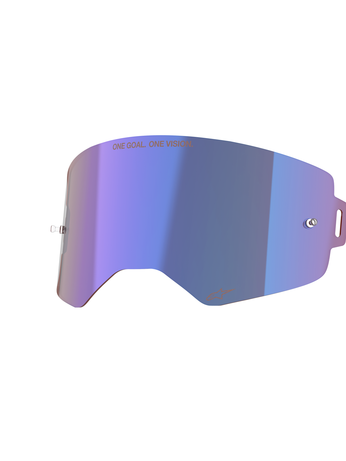 Alpinestars Supertech Mirror linse, udskiftningslinse til motocrossbriller, Mirror Blue med lilla iriserende finish, med integrerede tear-off-stifter, "ONE GOAL. ONE VISION."-tekst øverst og Alpinestars-logo nederst, polycarbonat med høj klarhed til off-road kørsel