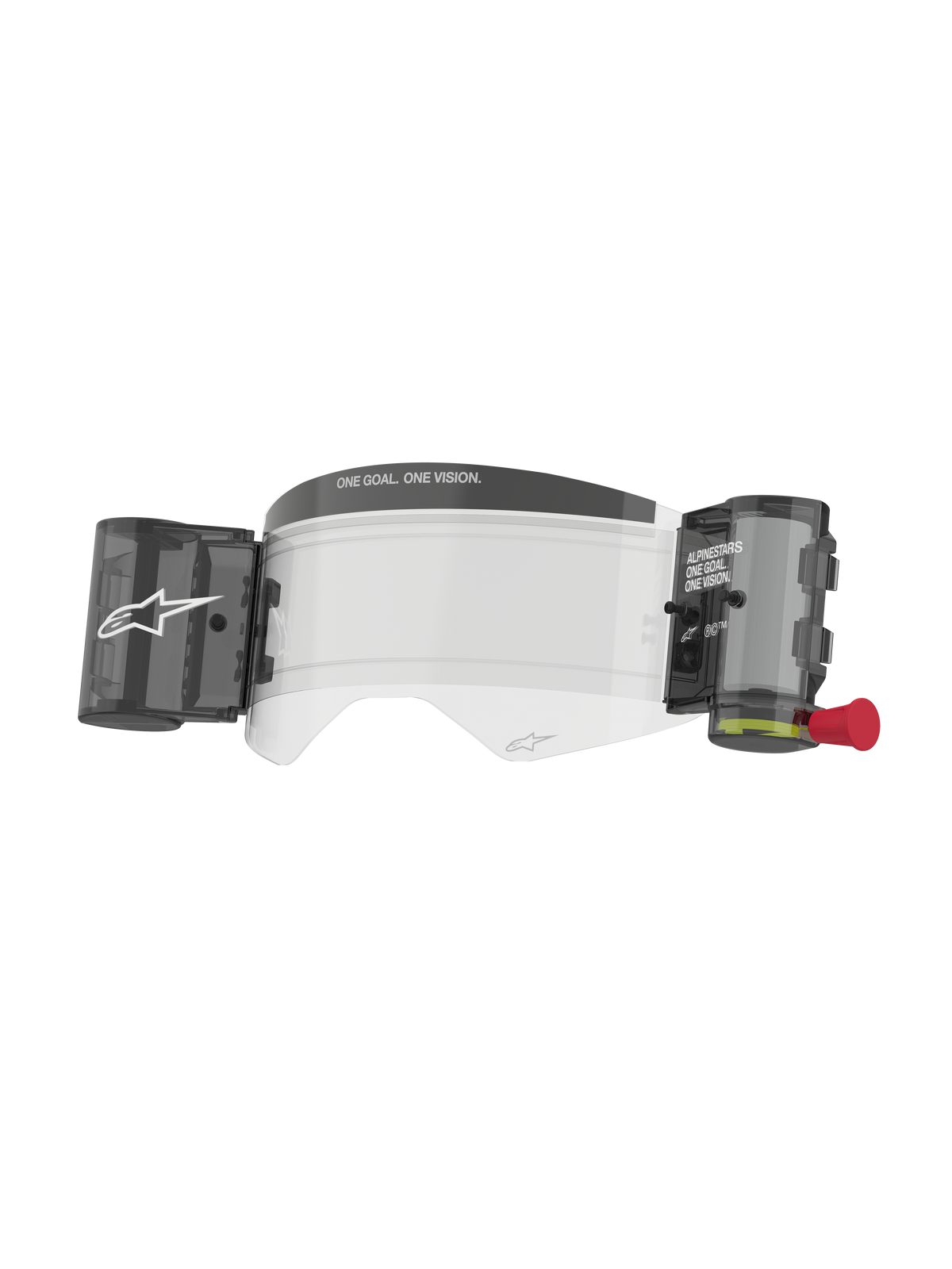 Alpinestars Supertech Roll Off Kit Wide Vision, motocross goggle-tilbehør, transparent anti-dug linse med integreret roll-off filmsystem, sorte beholdere og rød udtræksflig, med ONE GOAL ONE VISION branding, slagfast polykarbonat til off-road racing
