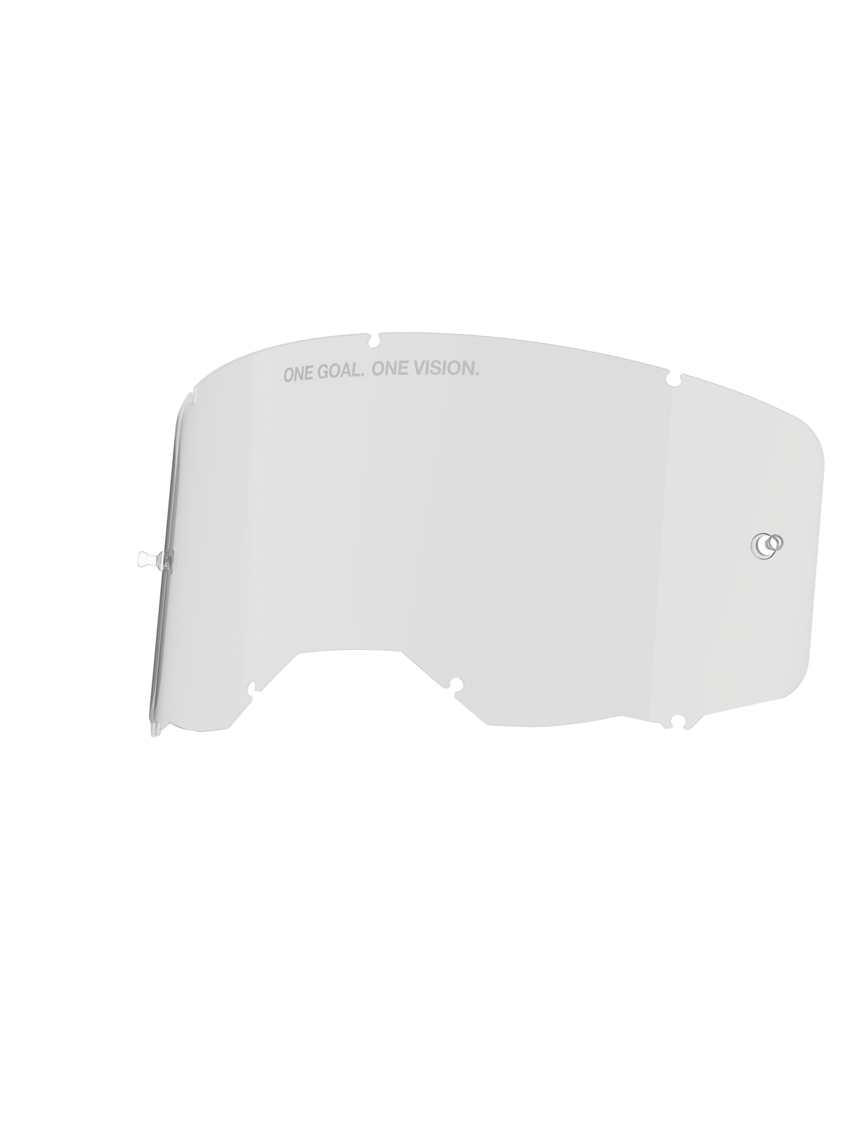 Alpinestars Vision 8-5-3 Lens, Clear Goggle Lens, Transparent, featuring integrated tear-off posts and seven keyhole locking notches, "ONE GOAL. ONE VISION." text on the upper edge, durable polycarbonate construction for motocross goggles