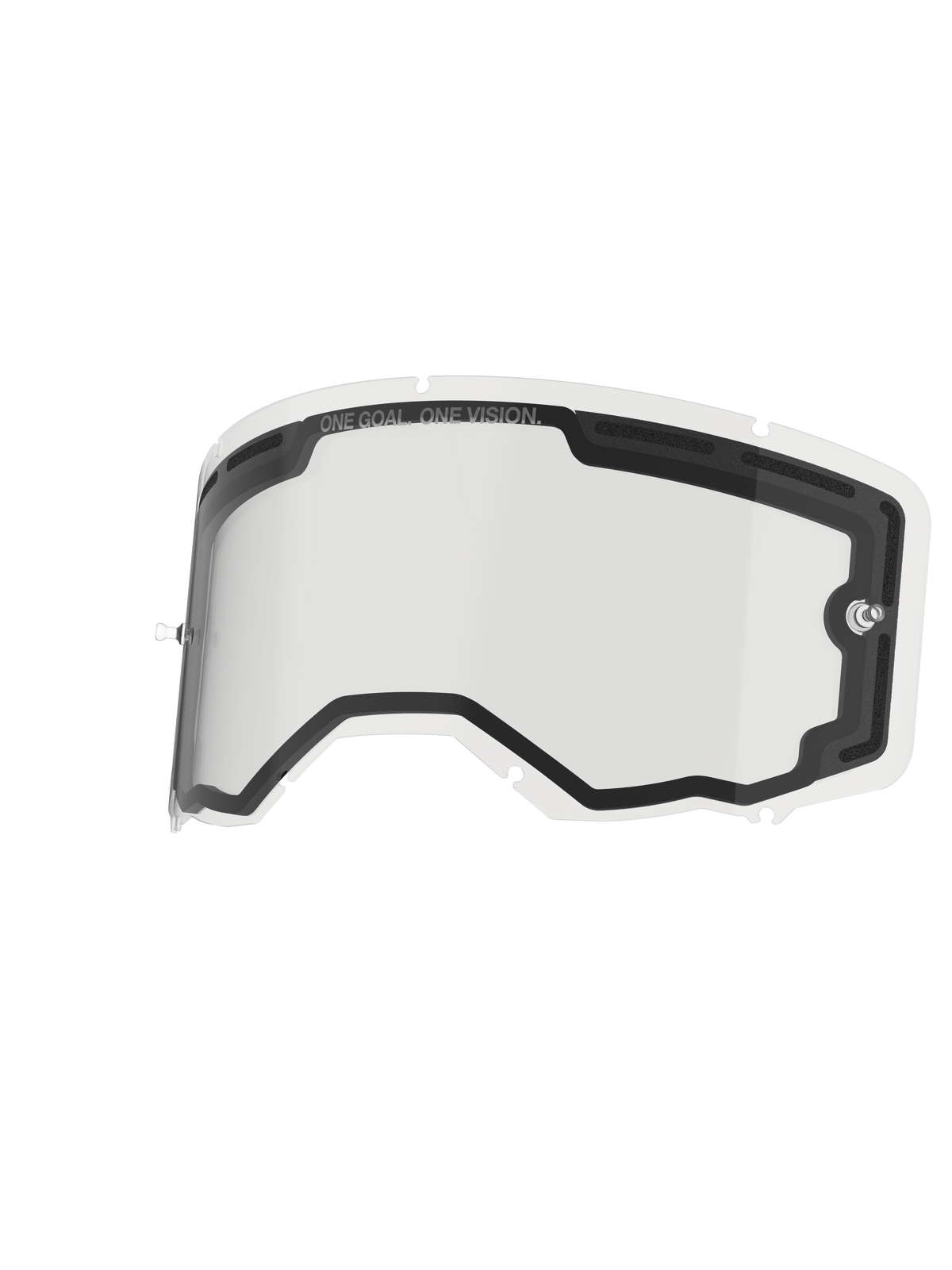 Alpinestars Vision 8-5-3 Lens Dual Pane, Clear goggle replacement lens, featuring dual-pane construction with foam-backed ventilation, integrated tear-off posts, and seven-keyhole locking system, "ONE GOAL. ONE VISION." printed on the top rim