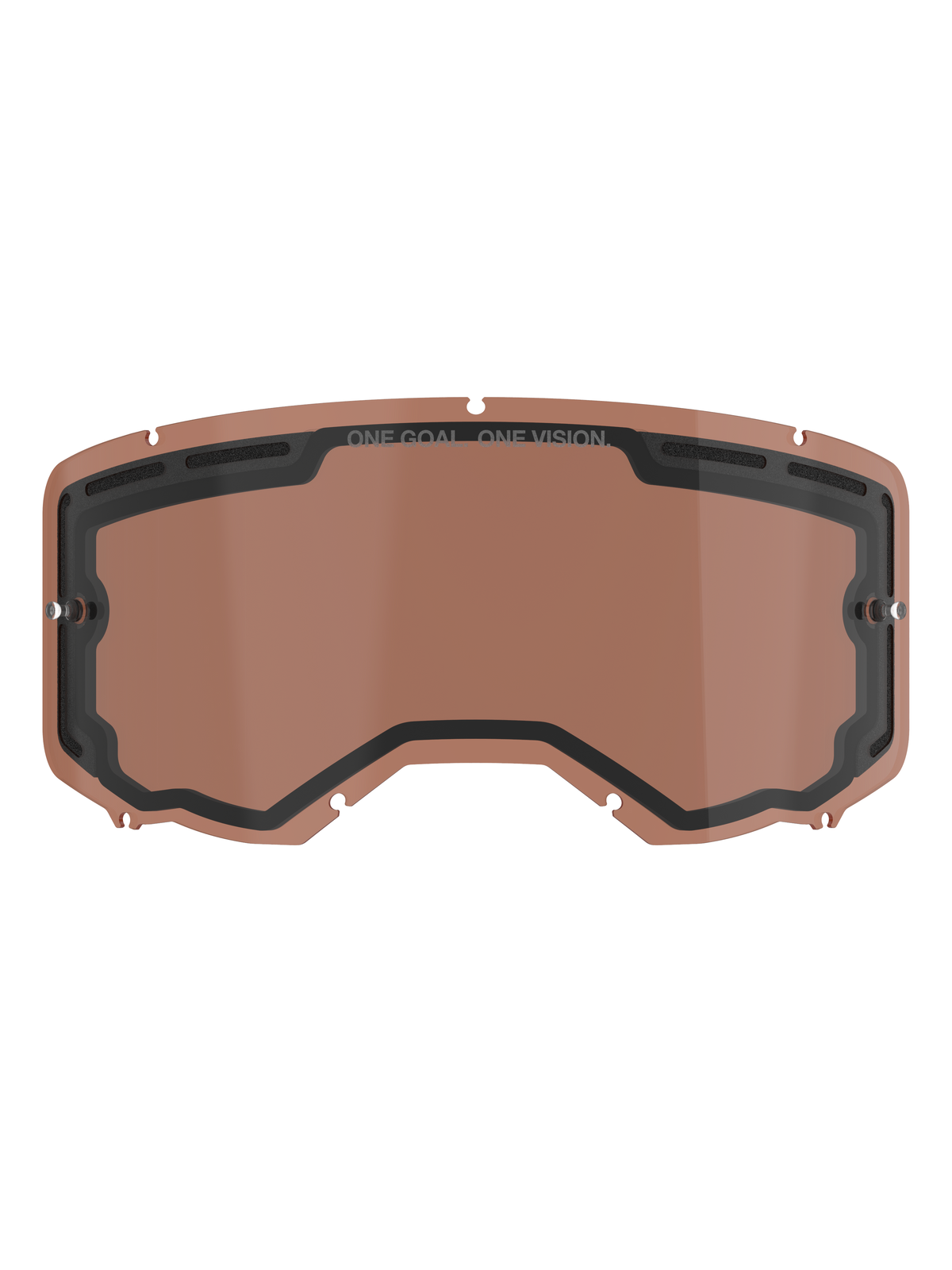 Alpinestars Vision 8-5-3 Dual Pane ventileret linse, Copper Rose-tonet udskiftningslinse til motocrossbriller, med integrerede tear-off-poster, ventilationsporte i toppen og ONE GOAL ONE VISION-branding.