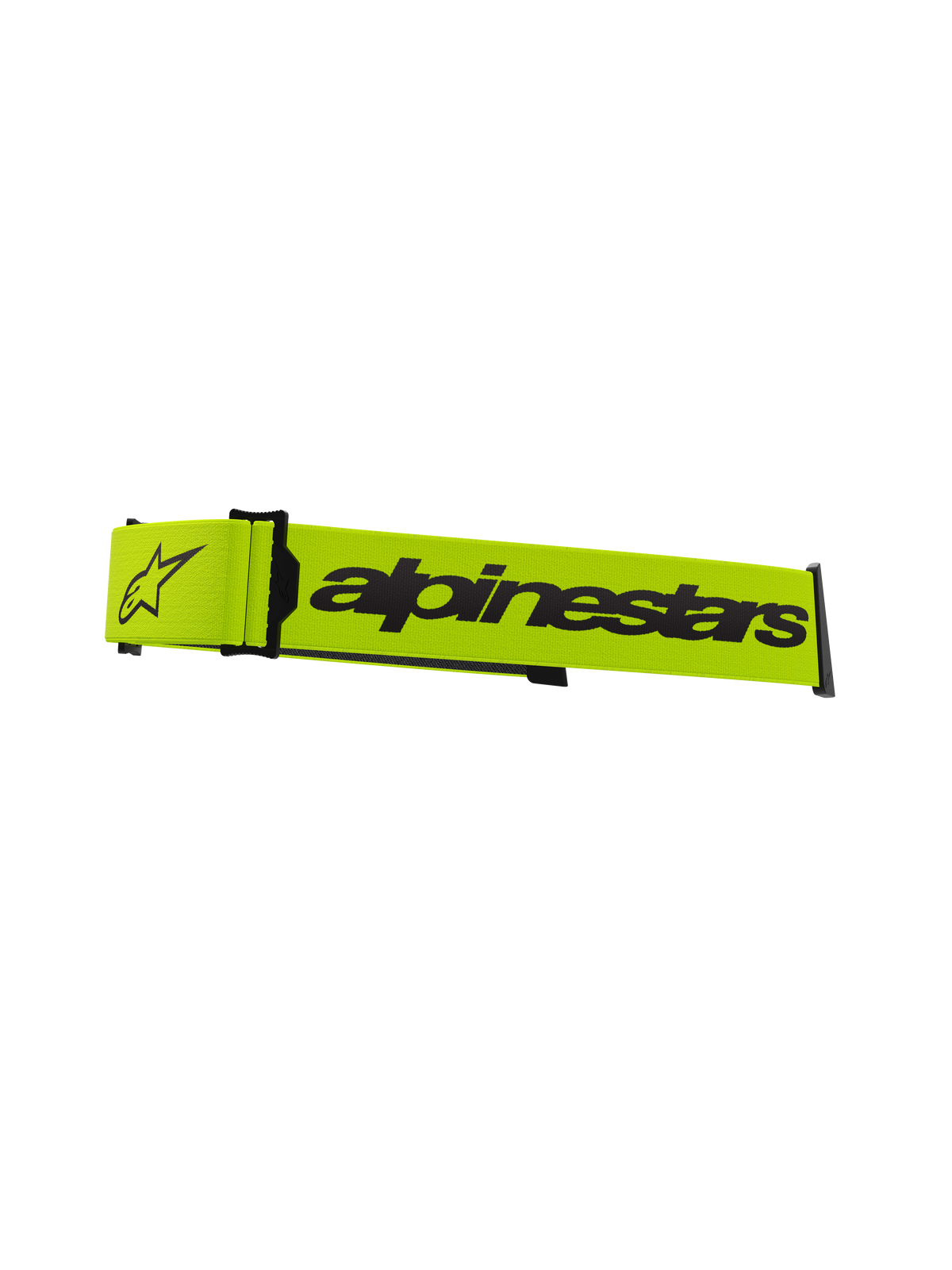 Alpinestars Supertech brillestrop, tilbehør til motocrossbriller, fluorescerende gul og sort, med markant Alpinestars-navnetræk og stjerne-logo, officiel udskiftningsrem til off-road racerbriller