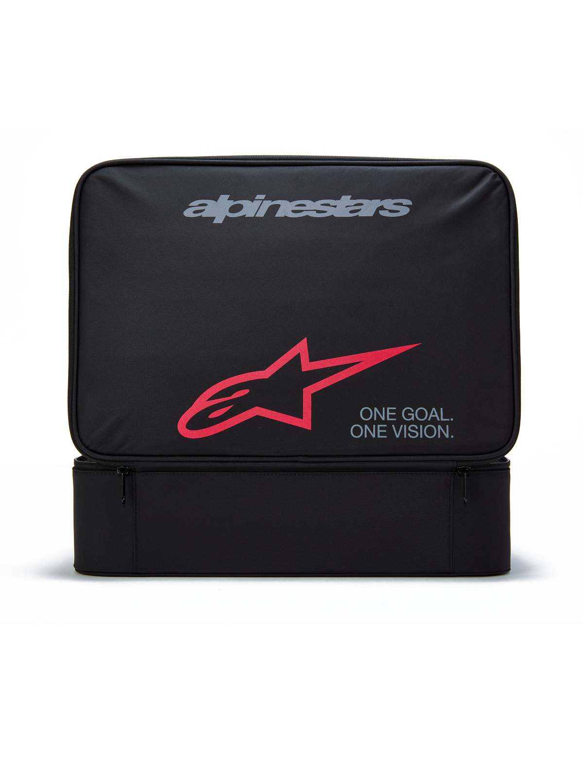 Alpinestars Supertech Vision Goggles Case, sort rektangulær opbevaringstaske til motocross-briller, med gråt Alpinestars-logo, rødt A-star-symbol og teksten "ONE GOAL. ONE VISION.", holdbar polyesterkonstruktion med frontlomme med lynlås