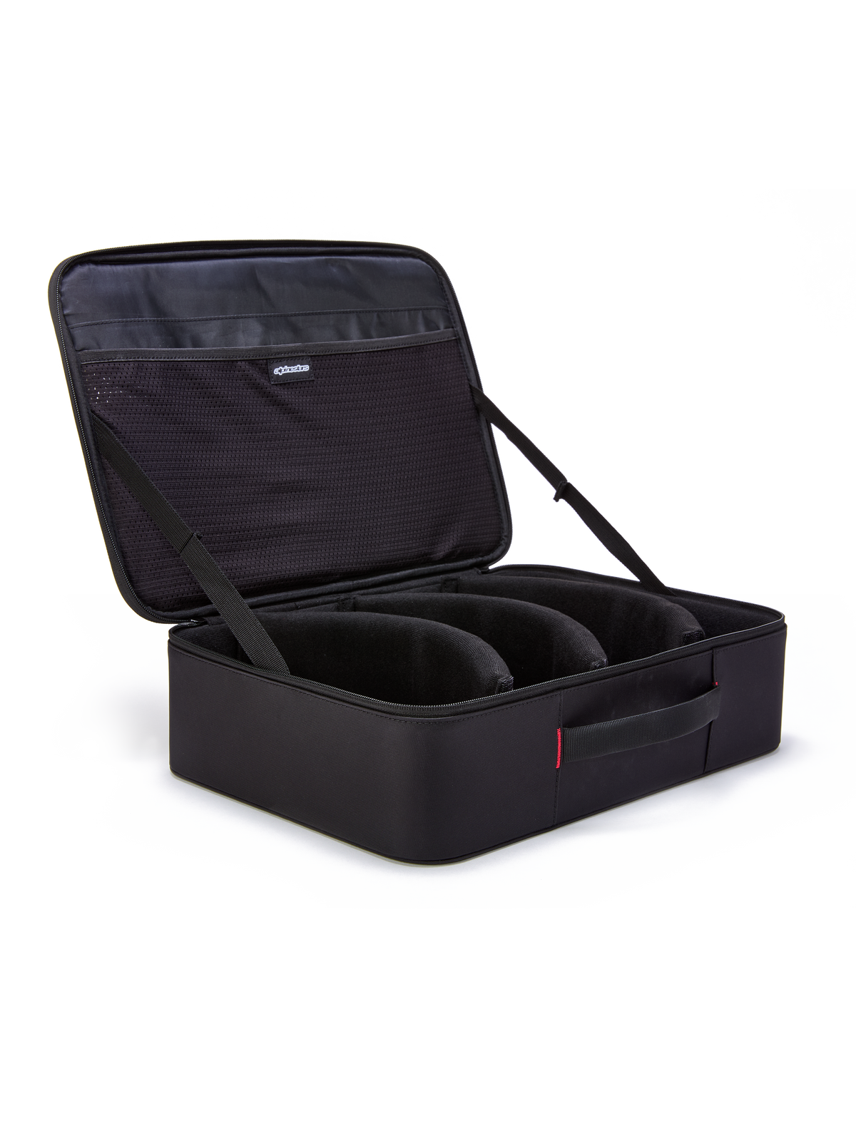 Alpinestars Supertech Vision Goggles Case, sort, åben mappe-lignende organisator til motocross-briller, med forbuede modulære skillevægge og netlommer i låget, polstret håndtag, holdbar konstruktion til opbevaring af terrænudstyr