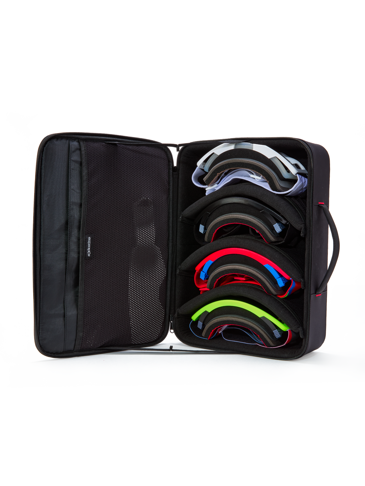 Alpinestars Supertech Vision Goggles Case, sort, åbent etui med indvendig opbevaring til fire par farverige motocross-briller, modulære skillevægge og netlommer i låget, struktureret mappendesign til beskyttelse af briller