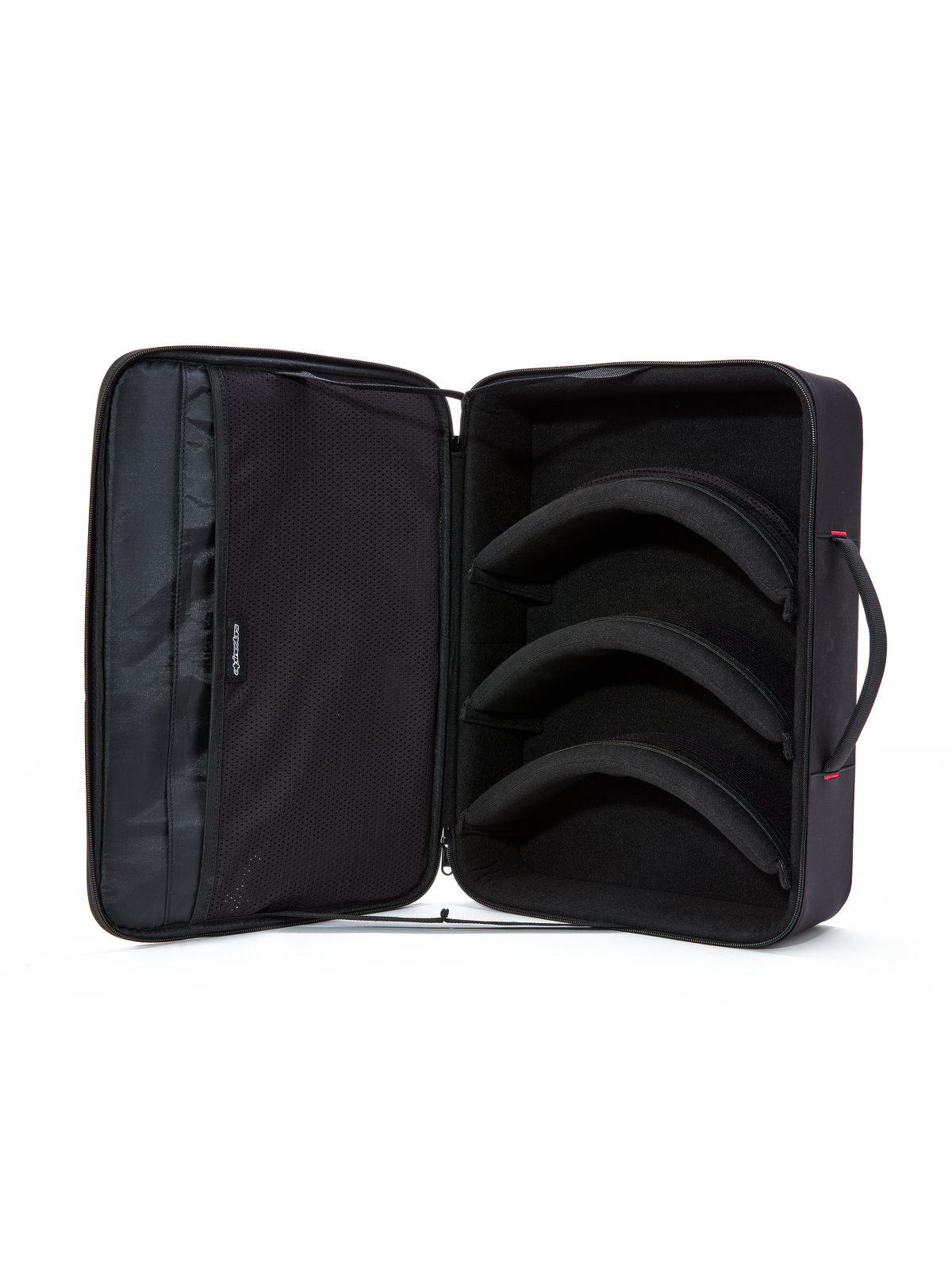 Alpinestars Supertech Vision Goggles Case, sort, set indefra, tre modulære forbuede skillevægge til opbevaring af linser og briller, bløde netlommer i låget til tilbehør, vandret mappe-design med polstret håndtag, beskyttende organisator til motocross-udstyr