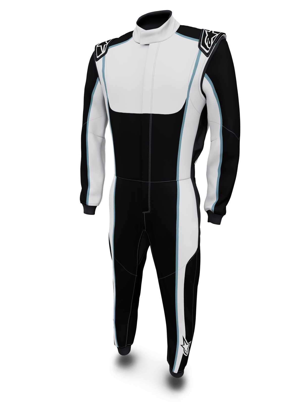 Alpinestars Tech Vision V3 specialdesignet køredragt, sort og hvid med blå detaljer, FIA-certificeret Nomex til racing.