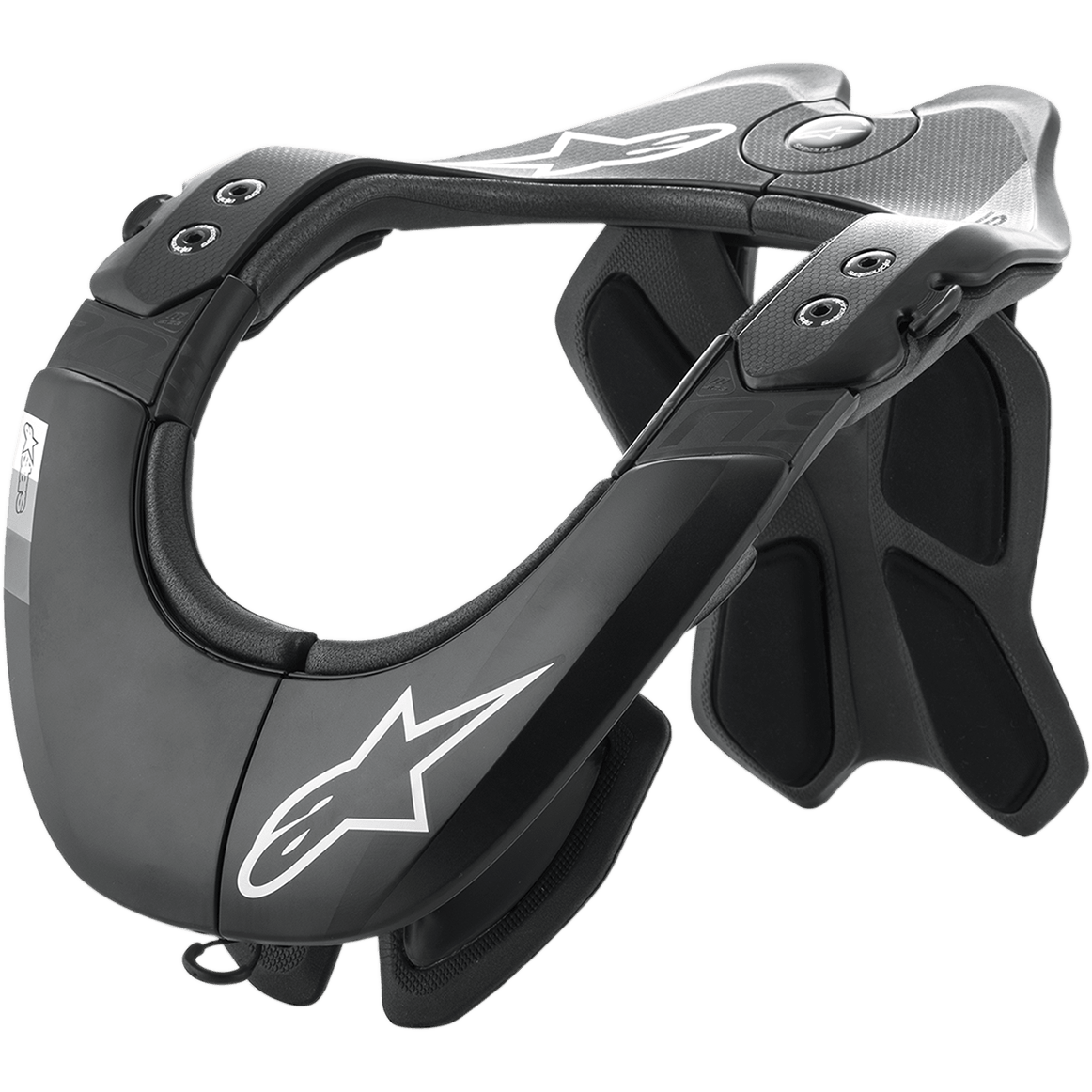 Alpinestars BNS Tech 2 nakkestøtte, motocross nakkebeskyttelse, sort og Cool Gray, carbon-polymer ramme med kulfibertekstur, hvide Alpinestars stjernelogoer, med en ergonomisk bagstabilisator og blød polstring, professionel off-road racing-beskyttelse