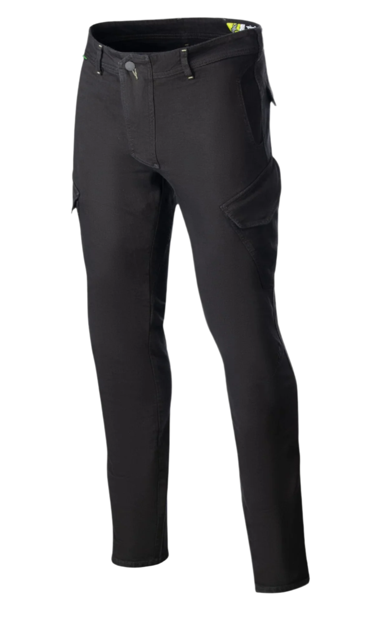 Alpinestars Caliber Slim Fit Tech Riding Pants, sorte motorcykelbukser med vinklede cargolommer i kampstil, slim tapered pasform, bælteløkker og knaplukning, fremstillet i stretch Cordura-denim for et teknisk urbant look