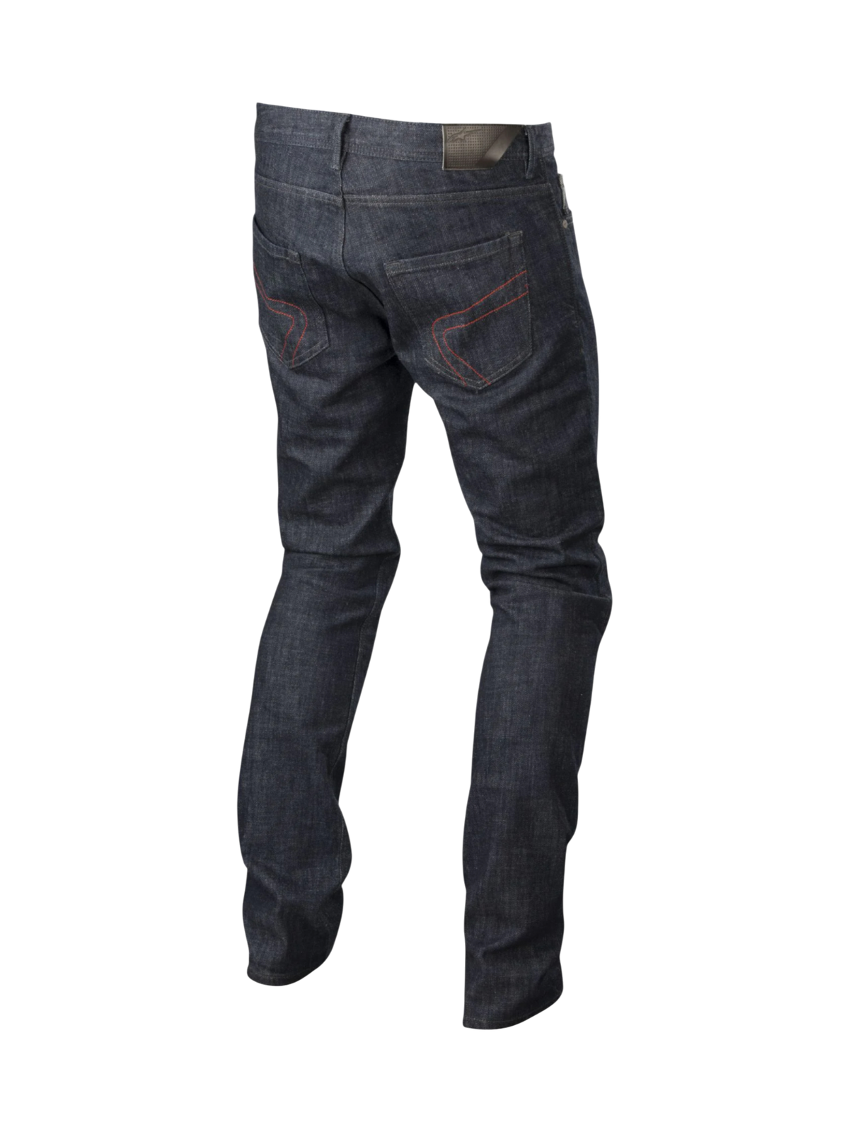 Alpinestars Copper Jeans, herre-motorcykeljeans i mørk blå denim med røde syninger på baglommerne og aramidforstærkning, set bagfra