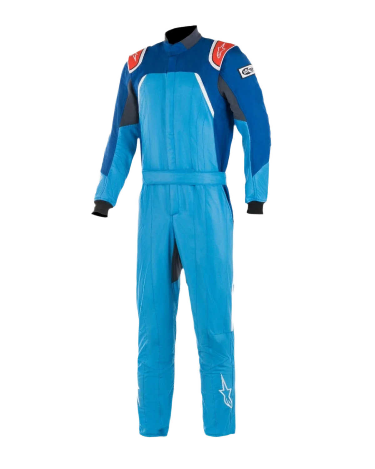 Alpinestars GP Pro Comp Bootcut-dragt FIA, bilsportsdragt, koboltblå og kongeblå med røde detaljer, røde skulderepauletter med hvide logoer, sorte manchetter, bootcut-ben, flerlags aramid-konstruktion til baneløb