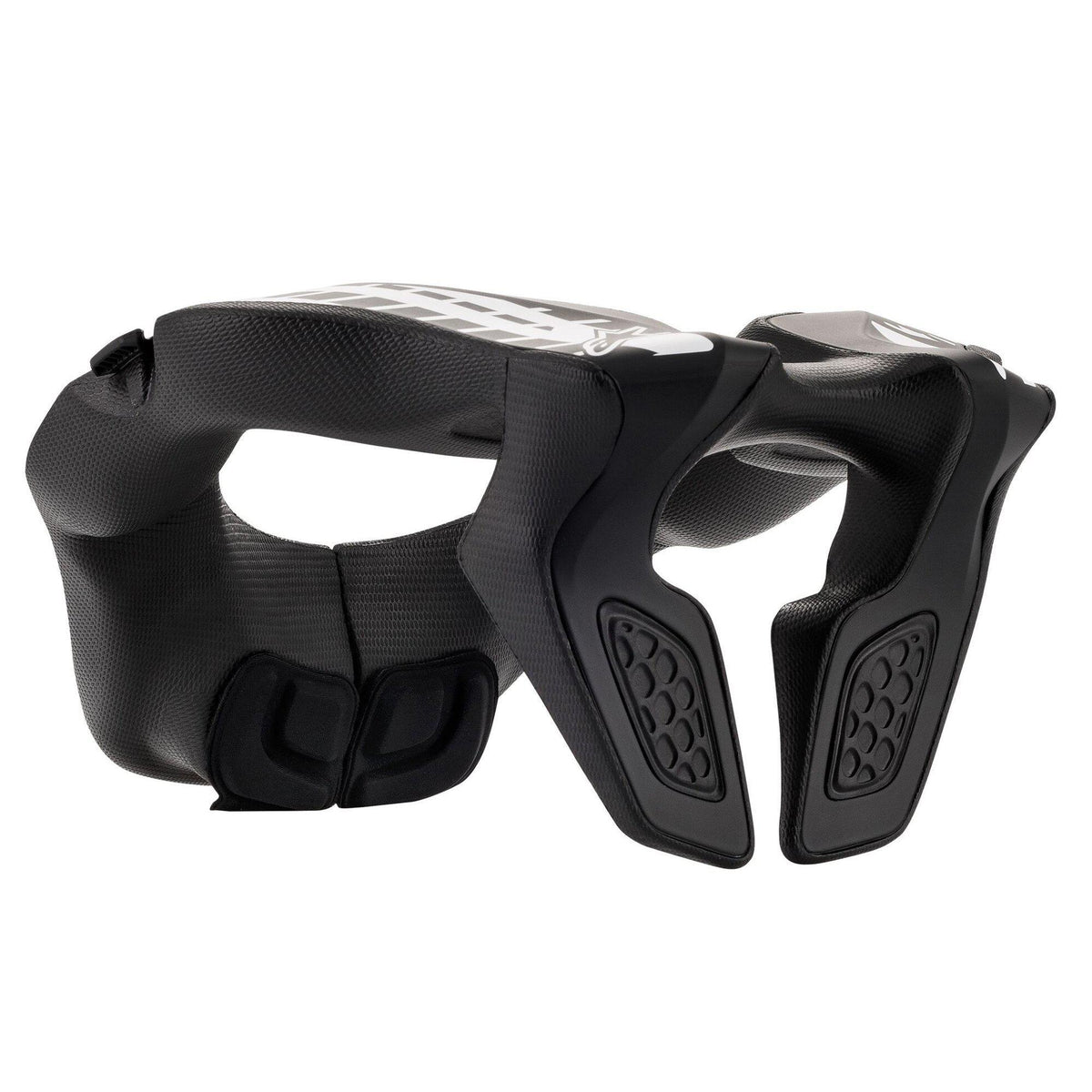 Alpinestars Youth Neck Support, Motocross Neck Brace, Black and White, featuring a contoured polymer frame with textured EVA foam padding, white Alpinestars logo on the upper surface, rear stabilizer system, designed for youth off-road protection