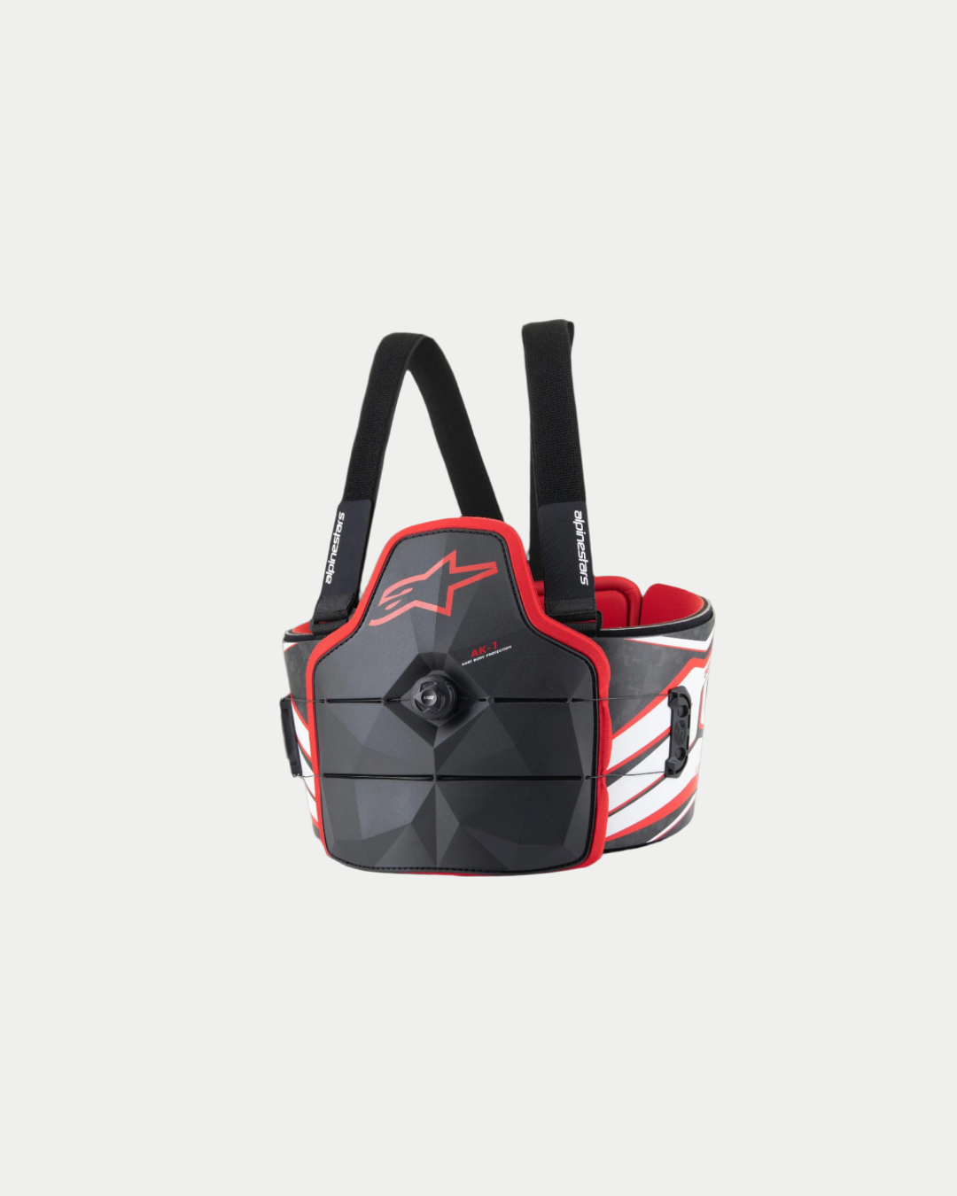 Alpinestars AK-1 Kart Body Protector, kropsbeskyttelse til karting, sort, hvid og rød, med en struktureret brystplade med en central speed-lace-lukkeskive, rødt Alpinestars-logo og justerbare sorte skulderstropper, ergonomisk designet til kart-racing