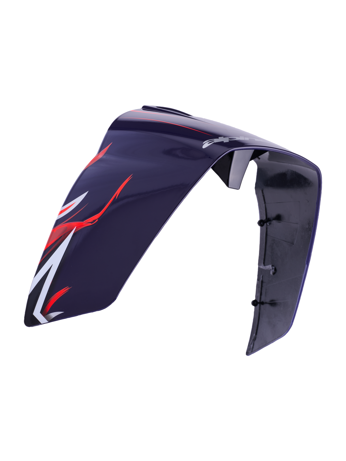 Alpinestars Supertech R10 Flyte Race Spoiler, hjelmtilbehør, blank lilla og rød, med rød og hvid aerodynamisk grafik og Alpinestars-branding, blank plastkonstruktion med synlige monteringspunkter på indersiden, reservedel til racerhjelme.