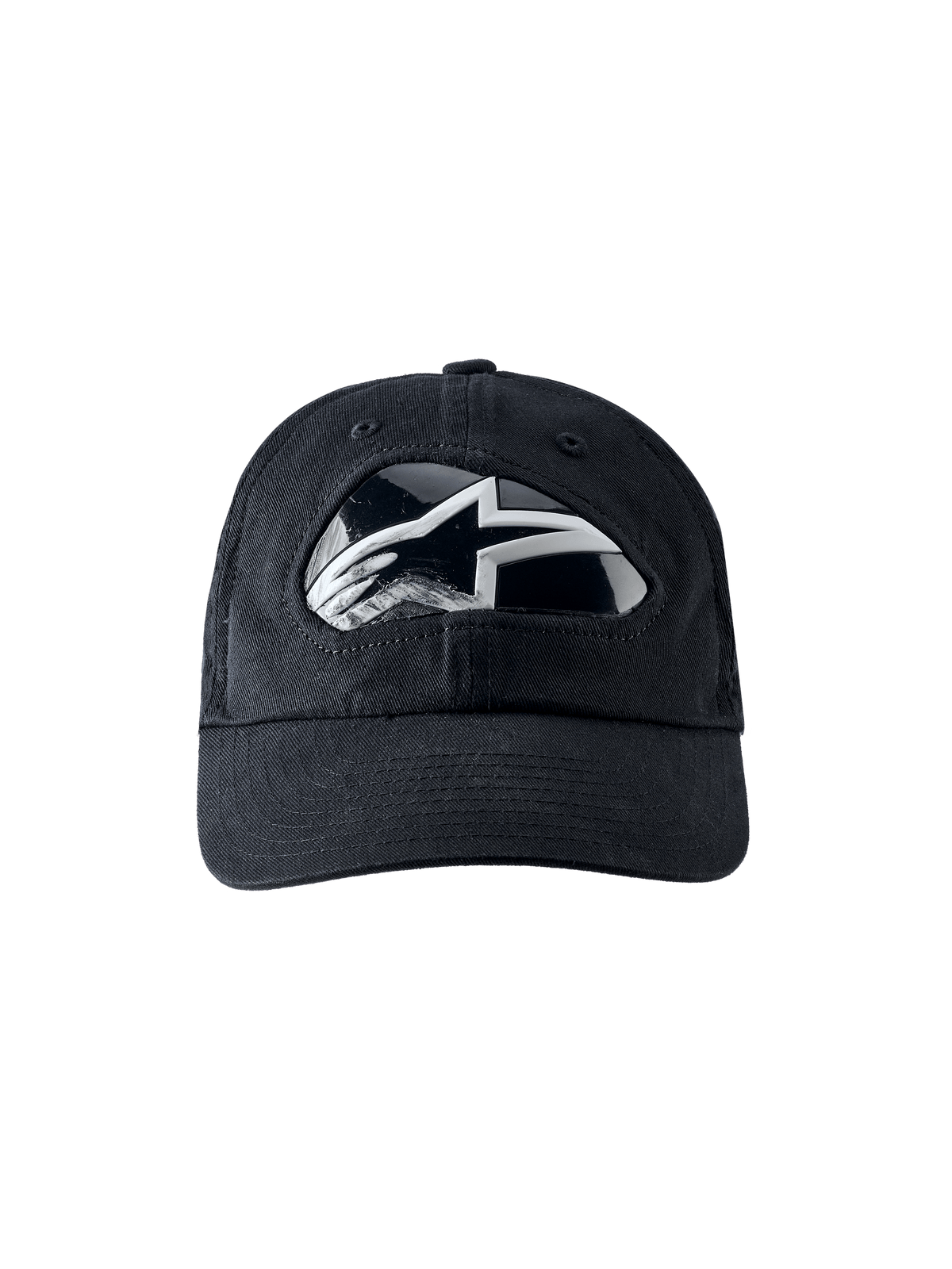 Alpinestars RSRV Shield Cap, sort baseballkasket med reflekterende sølv og hvidt logo, buet skygge, premium konstruktion, moderne streetwear design
