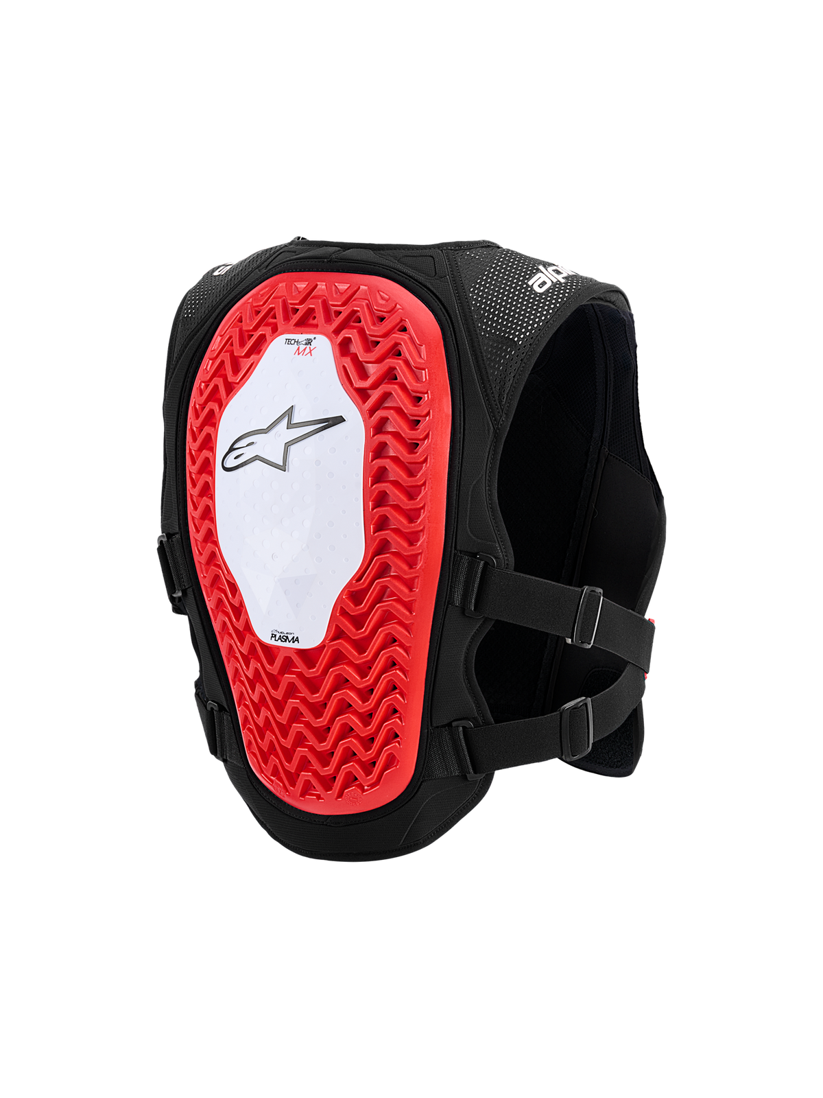 Alpinestars Tech-Air® MX System, autonom off-road airbag-vest, set bagfra med en stor rød Nucleon PLASMA-rygbeskytter med honeycomb-struktur, hvidt midterpanel med sort stjerne-logo, åndbart sort mesh-chassis og justerbare sidestropper
