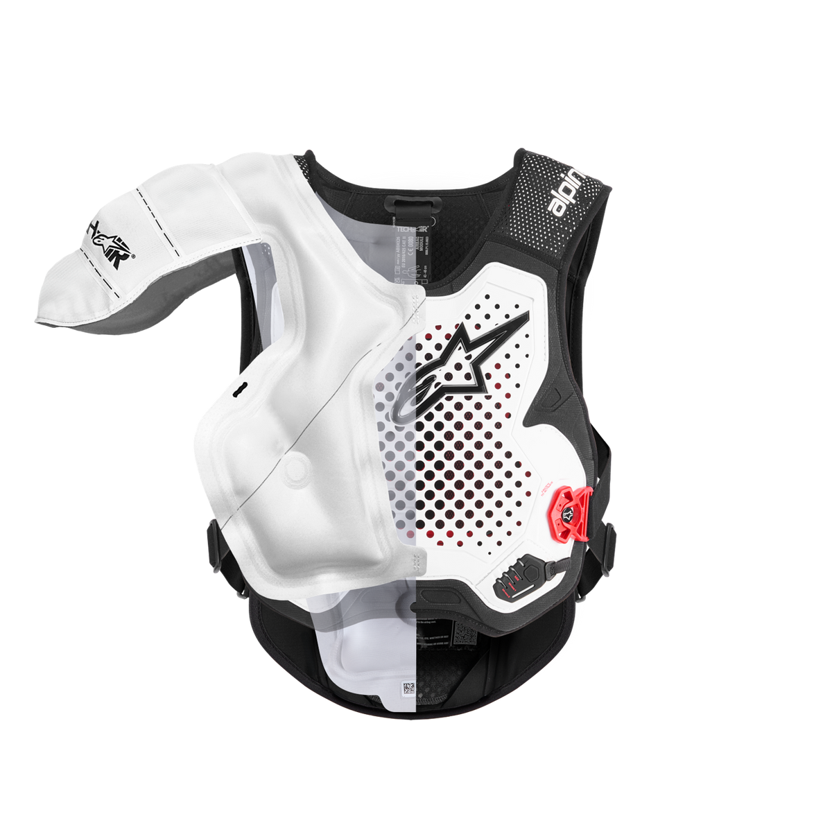 Alpinestars Tech-Air® MX System, autonomt off-road airbag-system, gennemskåret visning der fremhæver den indvendige hvide oppustelige blære og beskyttelsesvest, sort og hvidt chassis med røde detaljer, yder dækning af skuldre og bryst.