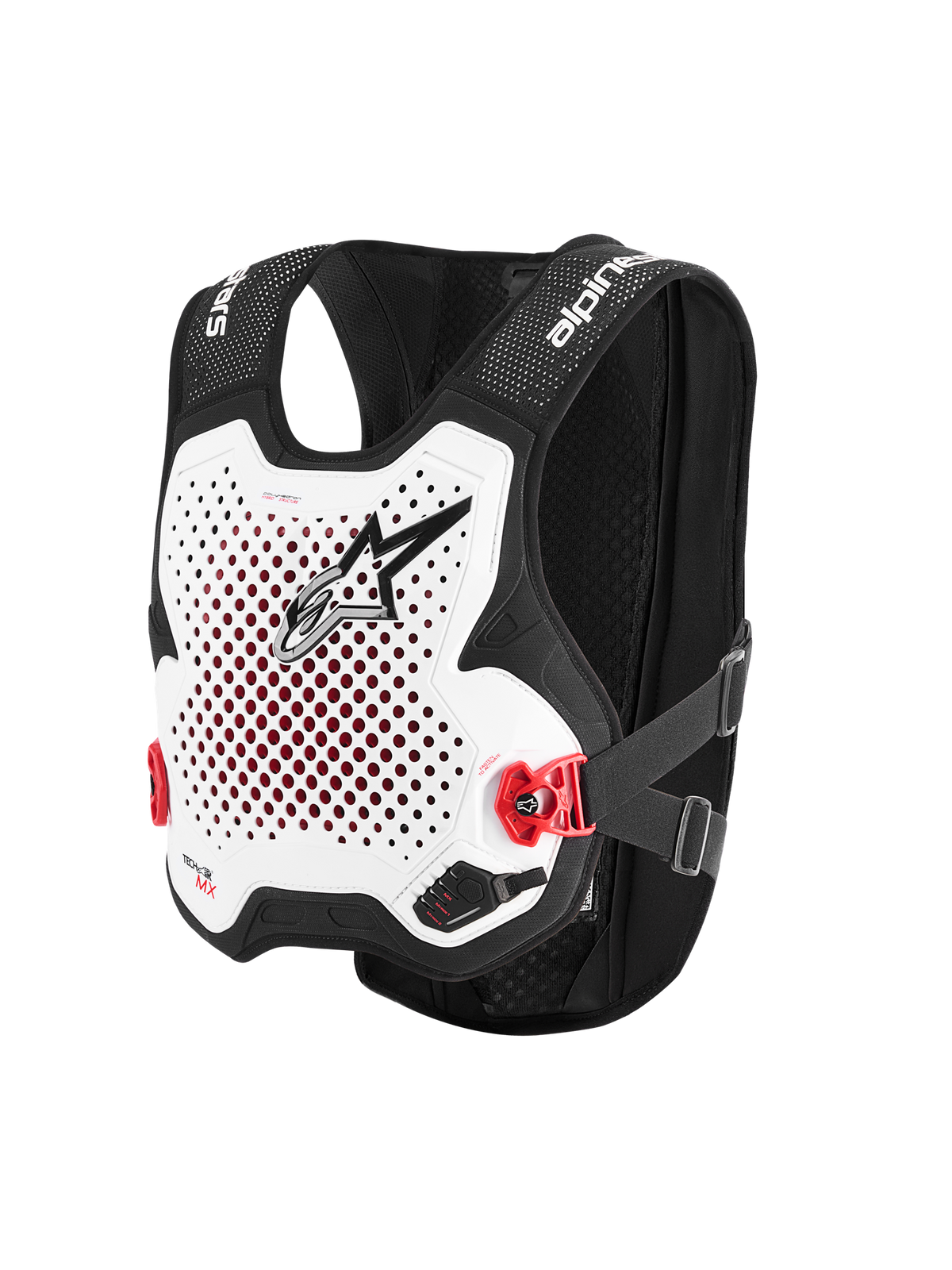 Alpinestars Tech-Air® MX System, autonom off-road airbag-vest, hvid og sort, perforeret hvid brystplade med sort logo, røde sidespænder, sort stretch mesh-chassis, avanceret motocross- og supercross-beskyttelse