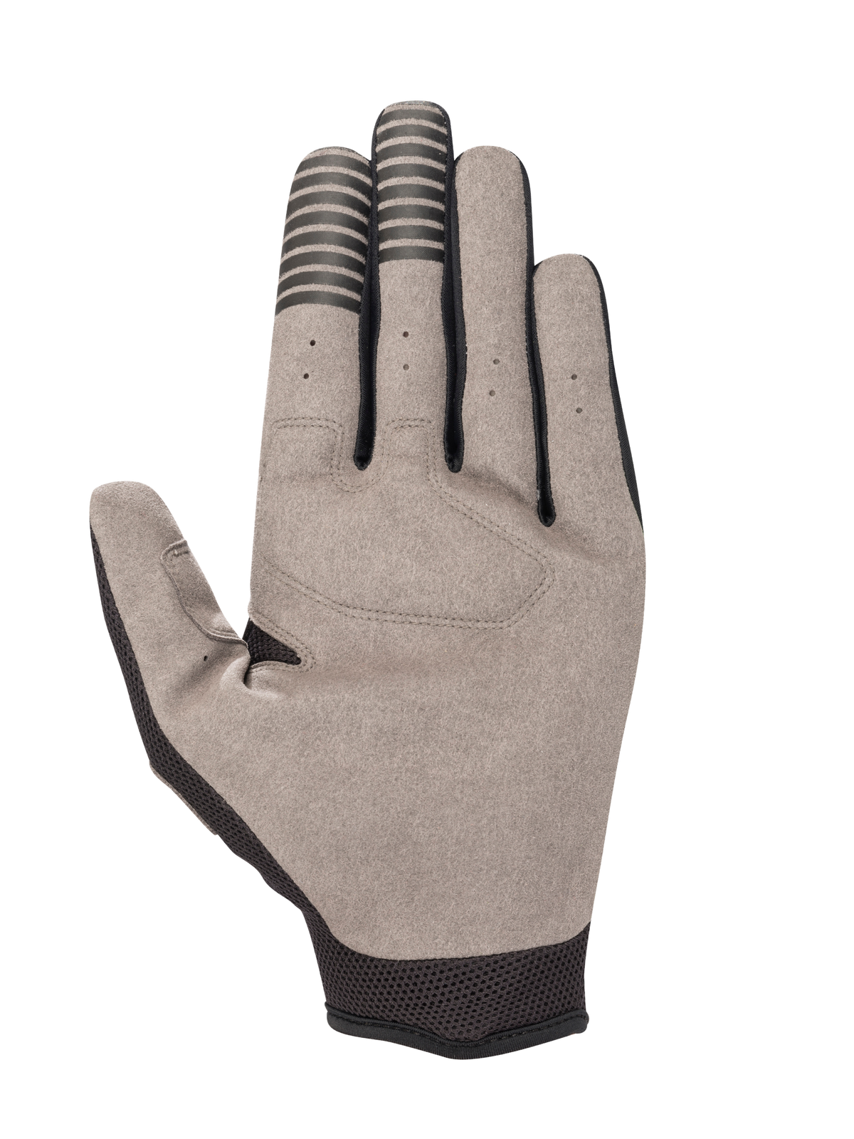 Alpinestars Engine handsker, set fra håndfladen, gråt syntetisk ruskind med sorte ledende fingerstriber, sort mesh-manchet, mekaniker- og gokarthandske detaljer