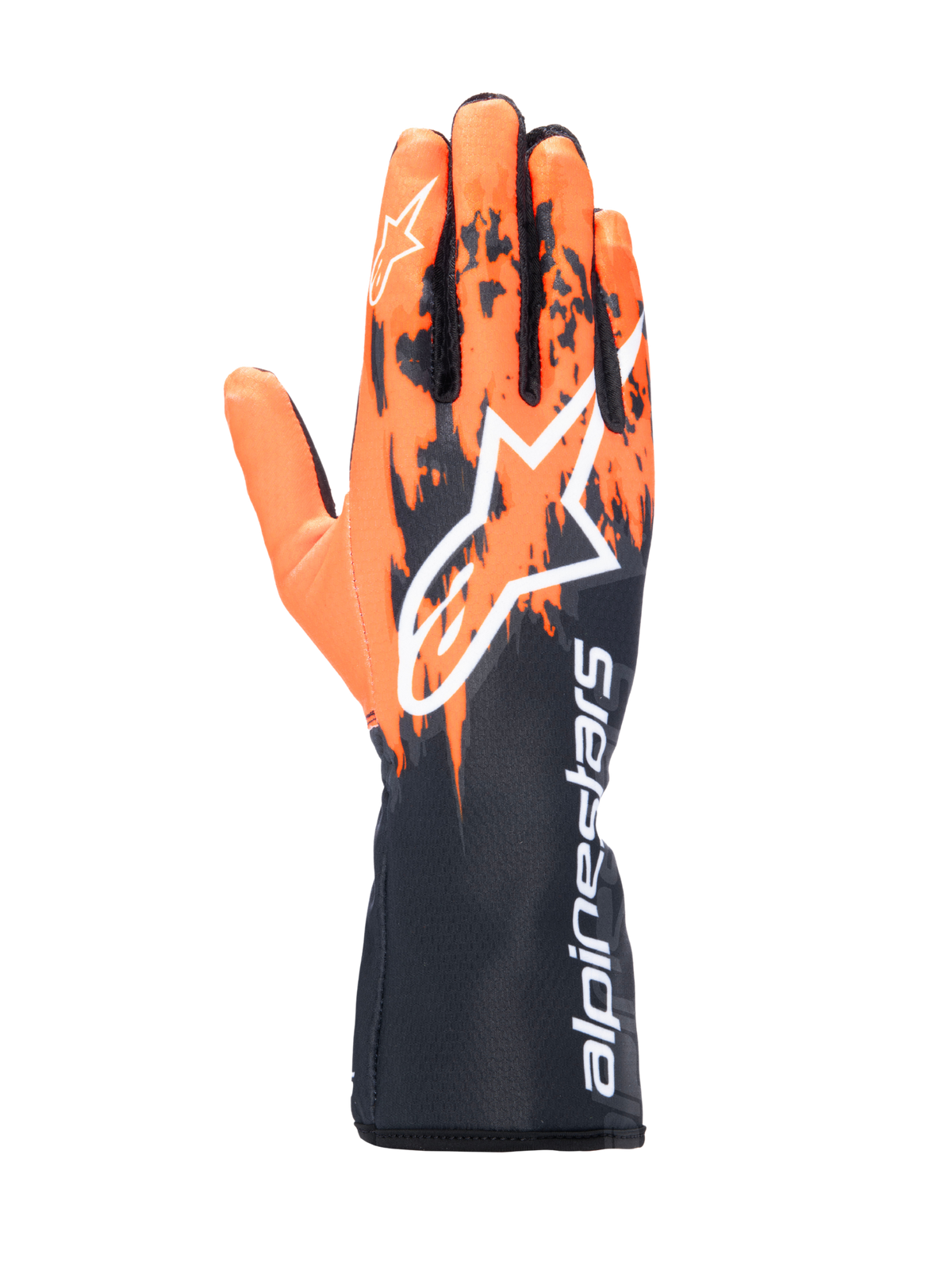 Alpinestars Tech-1 K V3 handsker, gokarthandsker, sort, orange og hvid, med et sublimeret grafisk design med orange penselstrøgsmønstre på en sort base, stort hvidt Astar-logo på bagsiden, lodret Alpinestars-tekst på gauntlet-manchetten, professionelt gokart-racerudstyr