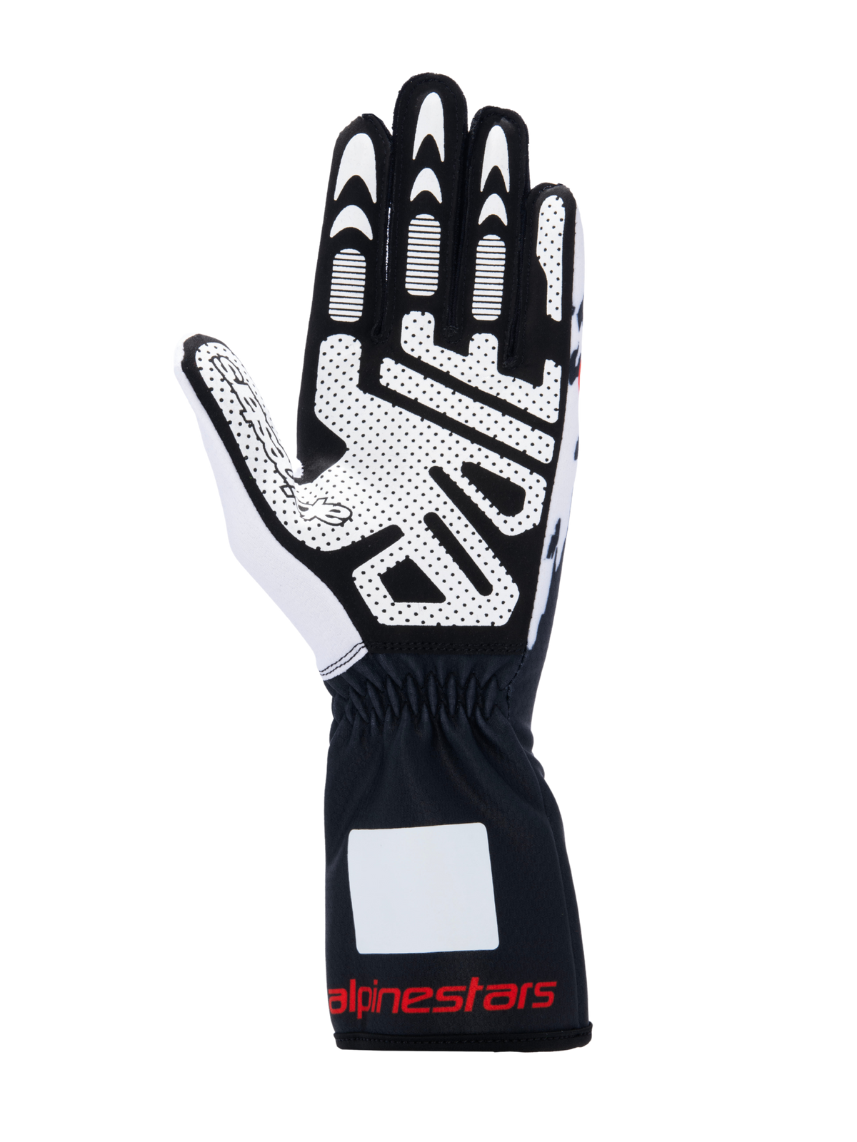 Alpinestars Tech-1 K V3 handsker, kartinghandsker, sort, hvid og rød, håndfladevisning med skridsikkert silikoneprint, syntetisk ruskindsmateriale, manchet med rødt logo, professionelt kartingudstyr