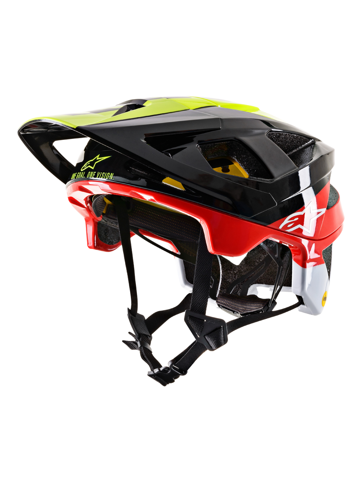 Alpinestars Vector Tech Pilot MTB Helmet CE, Mountain Bike Helmet, Black Red White and Yellow Fluo, glossy finish with multiple ventilation ports, adjustable visor, MIPS branding, sleek aerodynamic design for off-road cycling