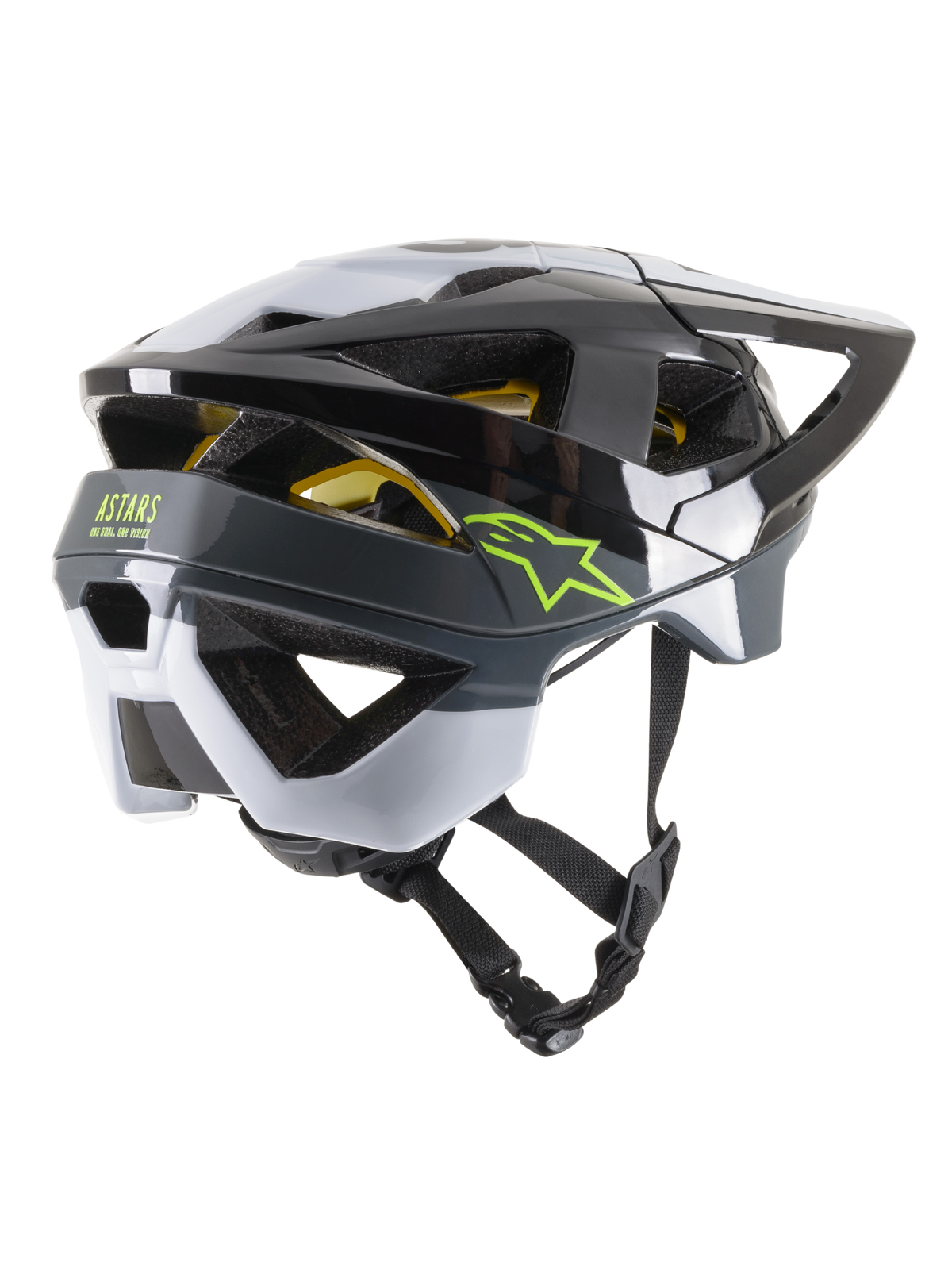 Alpinestars Vector Tech Pilot hjelm CE, MTB cykelhjelm, sort, hvid og Cool Gray glossy, trekvart profil set bagfra med lysegrøn stjerne og ASTARS-logoer, 19 ventilationsåbninger, aerodynamisk design med justerbar skygge og hagerem
