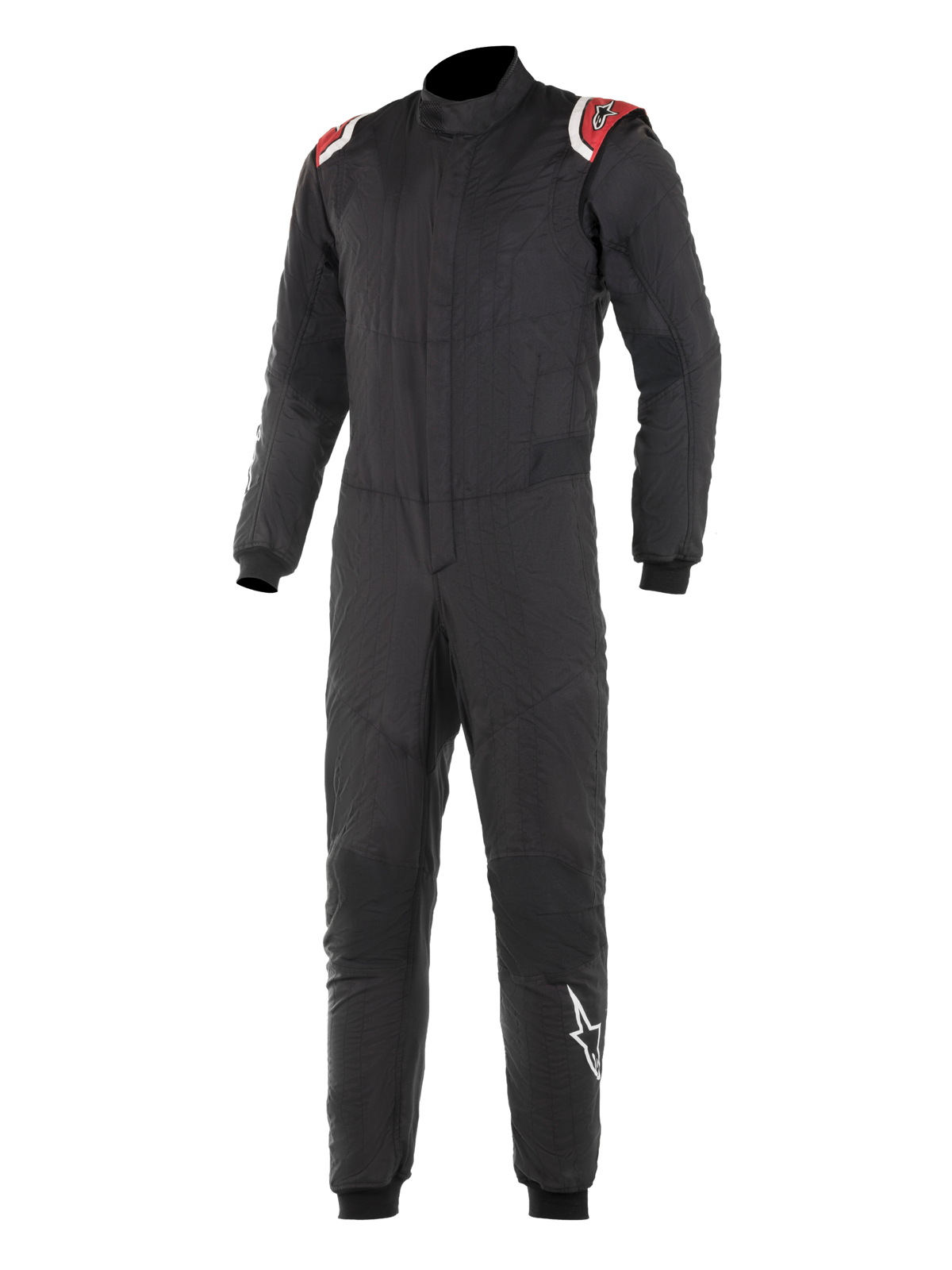 Alpinestars Hypertech Suit, professionel køredragt til motorsport, sort med røde og hvide skulderaccenter, quiltet to-lags konstruktion, høj krave, tætsiddende design med ribbede manchetter ved håndled og ankler, FIA-certificeret motorsportbeskyttelse