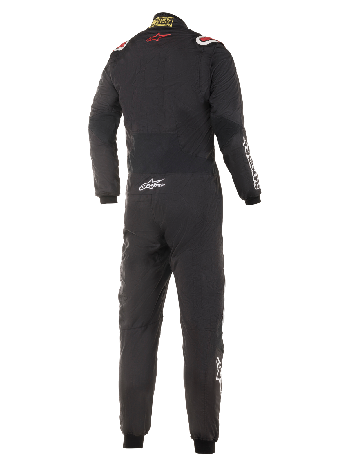 Alpinestars Hypertech dragt, auto køredragt, sort med røde og hvide detaljer, set bagfra med rødt stjernelogo på den øverste del af ryggen, Hypertech-branding på lænden, professionelt ét-stykke design til motorsport